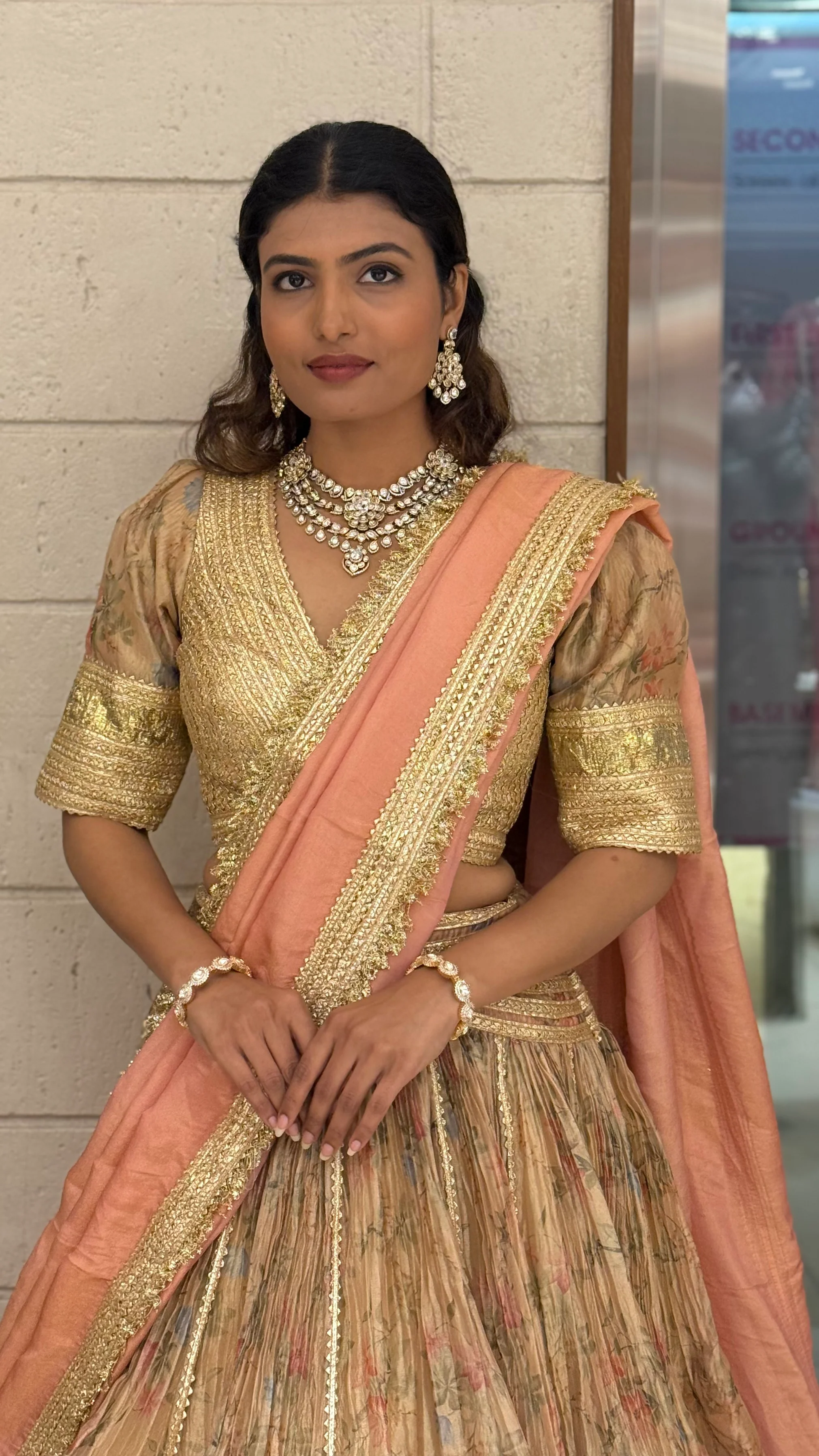 Peach & Gold Floral Printed Designer Lehenga Set with Dupatta - Image 5