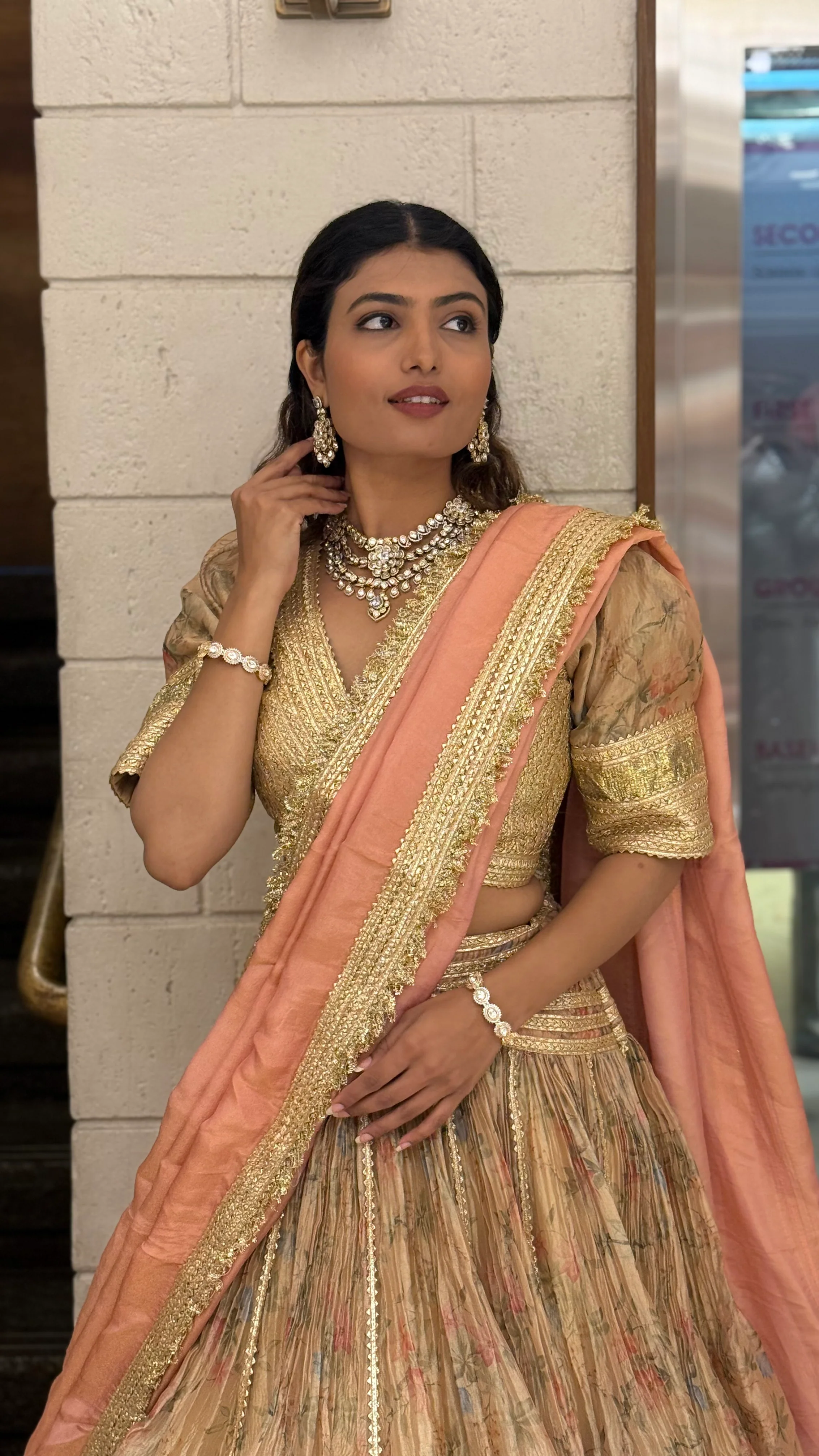 Peach & Gold Floral Printed Designer Lehenga Set with Dupatta - Image 6