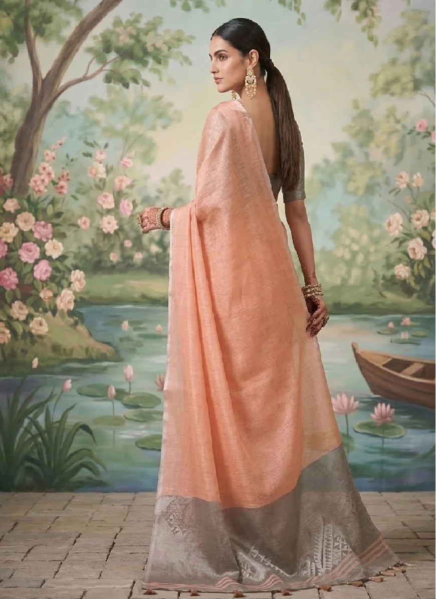 Peach Linen Saree with Grey Contrast Border - Image 2