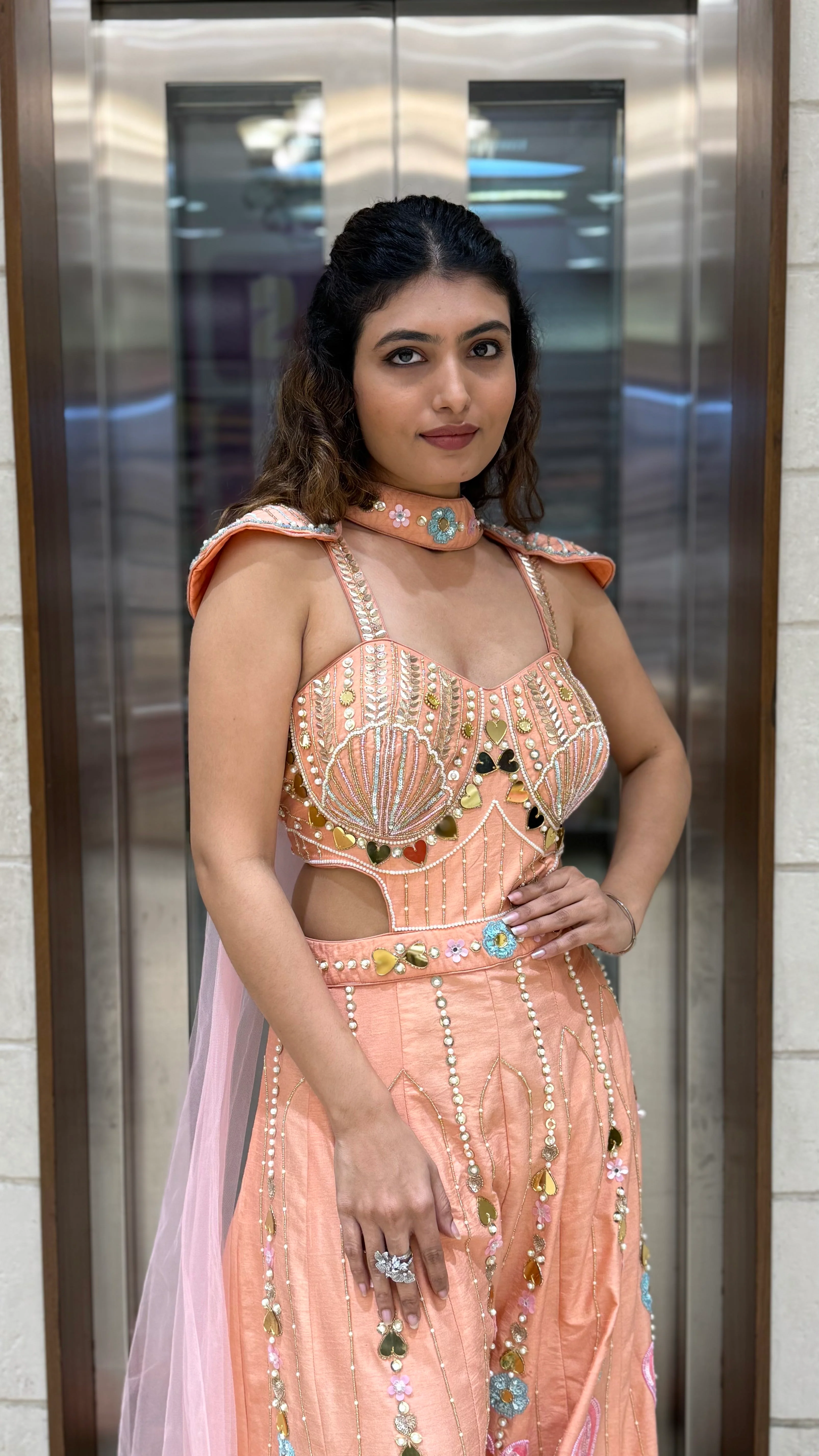 Peach Luxury Hand-Embroidered Jumpsuit Set with Designer Cut-Out Blouse - Image 3