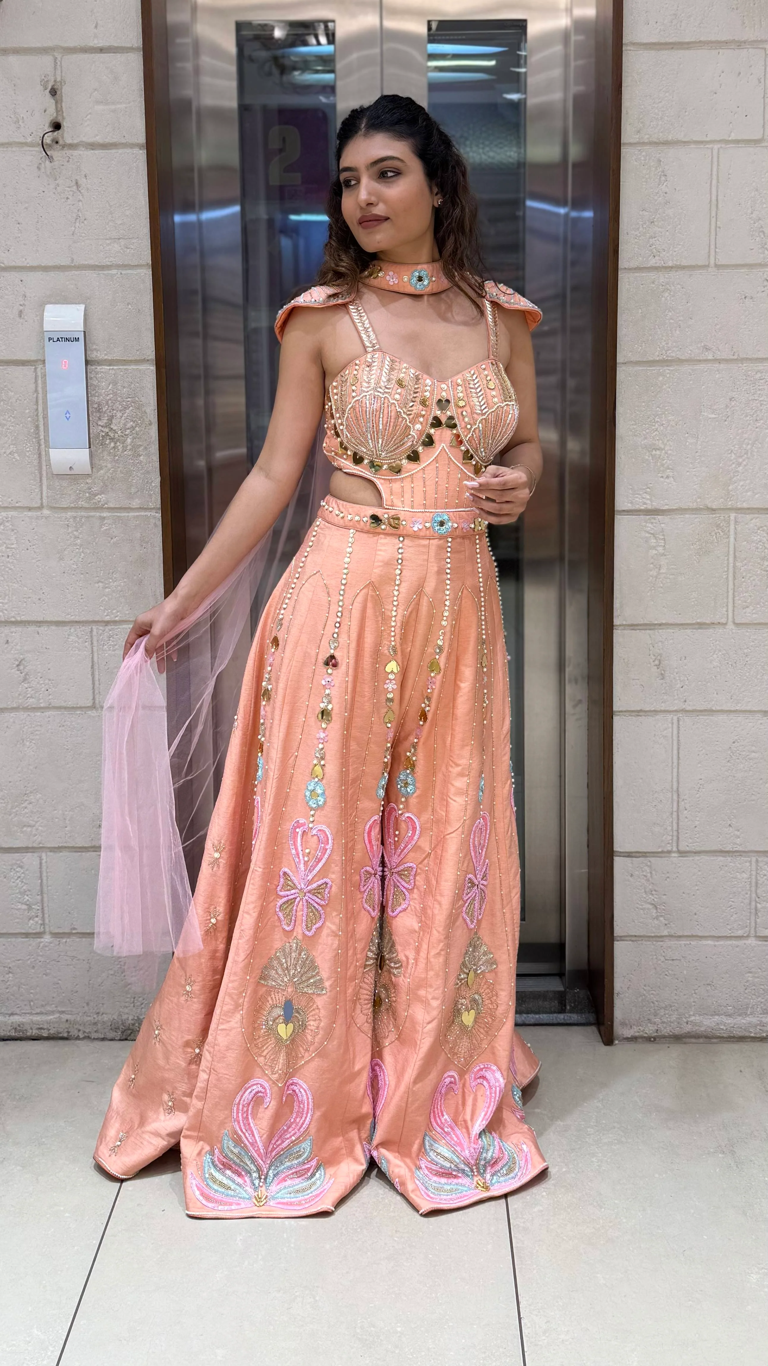 Peach Luxury Hand-Embroidered Jumpsuit Set with Designer Cut-Out Blouse - Image 4