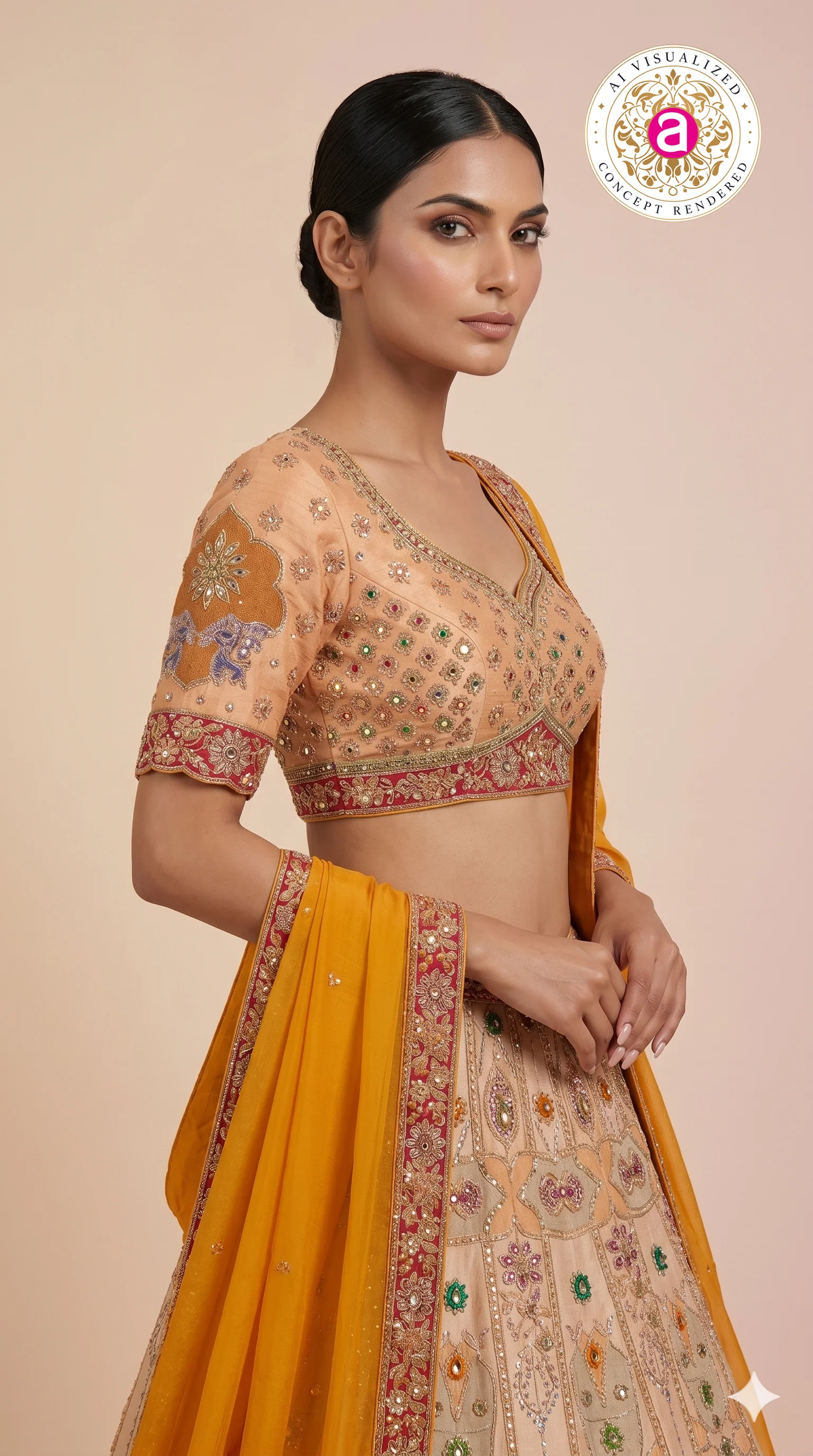 Peach & Mustard Embroidered Bridal Lehenga with Jewel Motifs & Designer Dupatta - Image 2