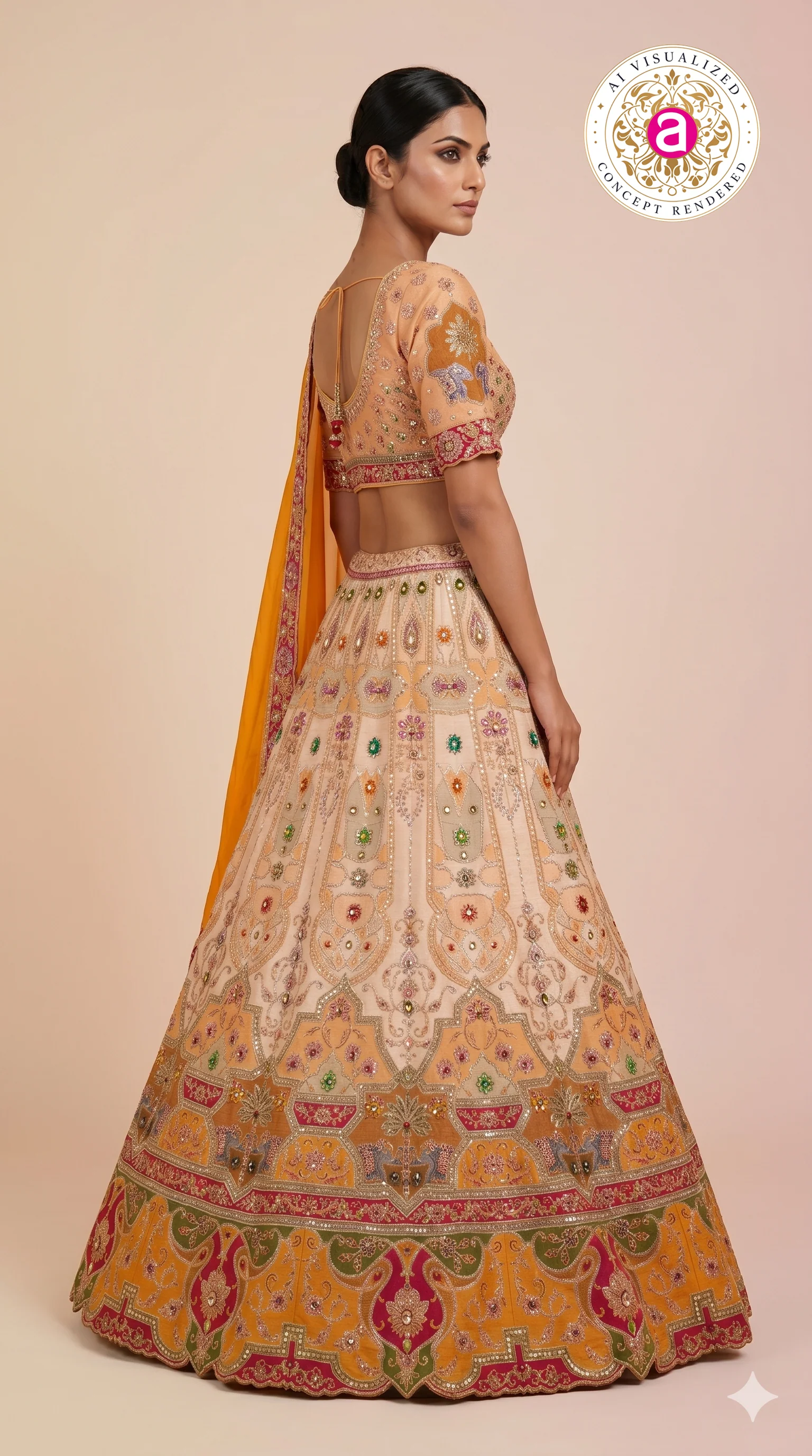 Peach & Mustard Embroidered Bridal Lehenga with Jewel Motifs & Designer Dupatta - Image 3