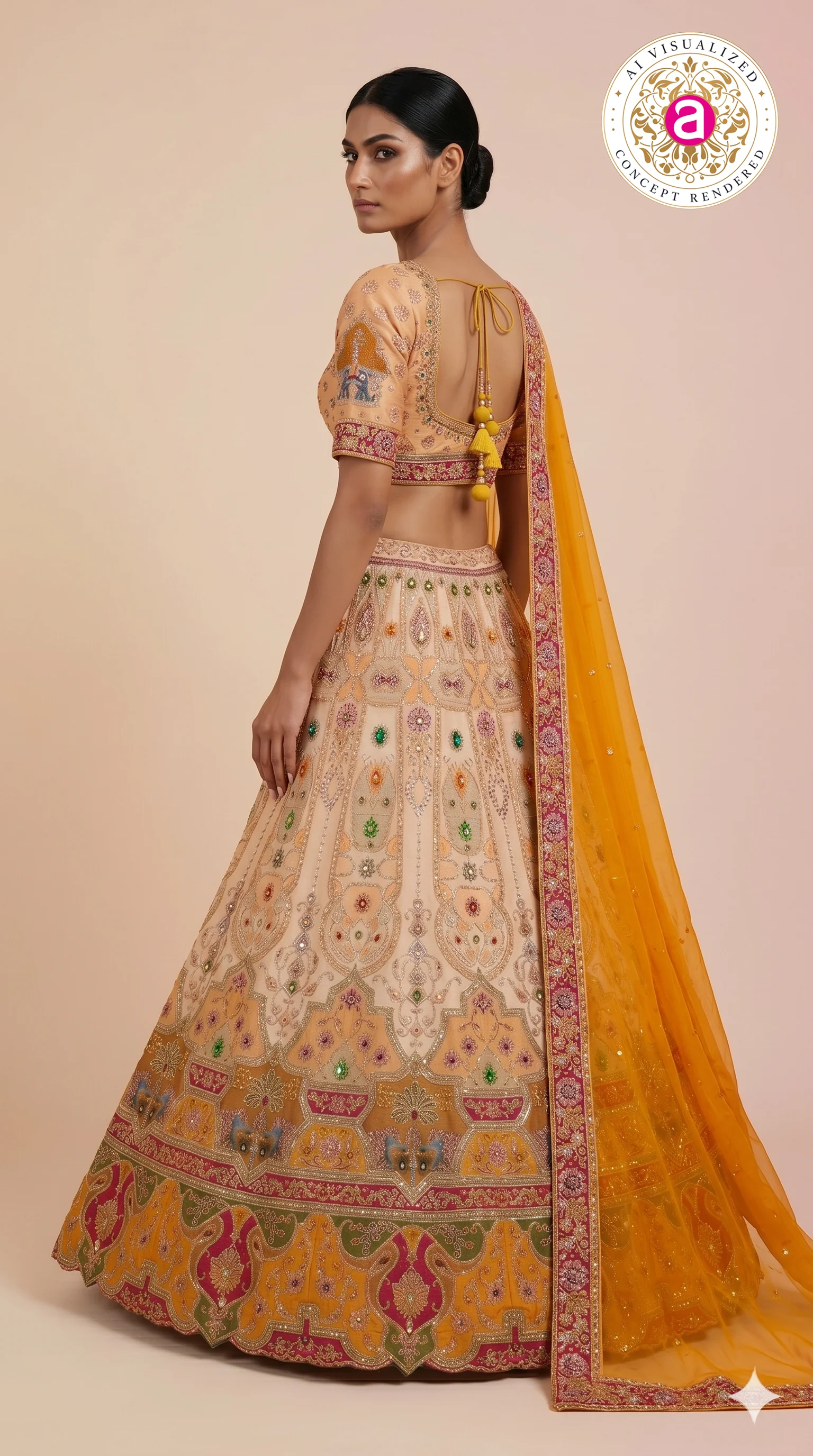 Peach & Mustard Embroidered Bridal Lehenga with Jewel Motifs & Designer Dupatta - Image 4