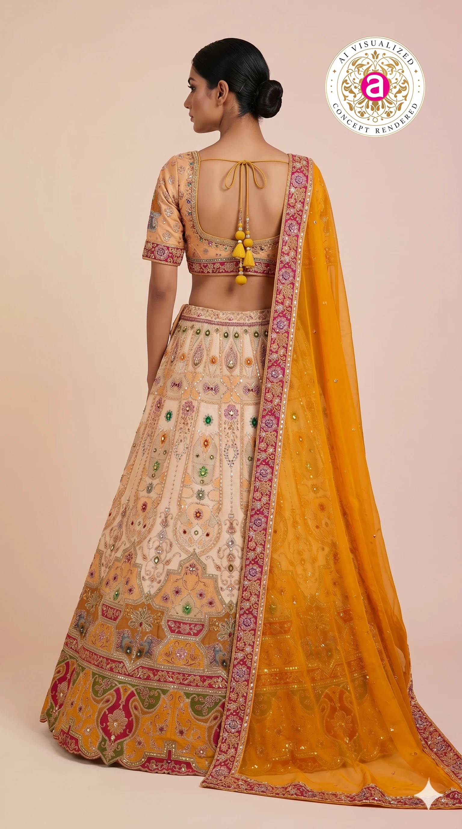 Peach & Mustard Embroidered Bridal Lehenga with Jewel Motifs & Designer Dupatta - Image 5