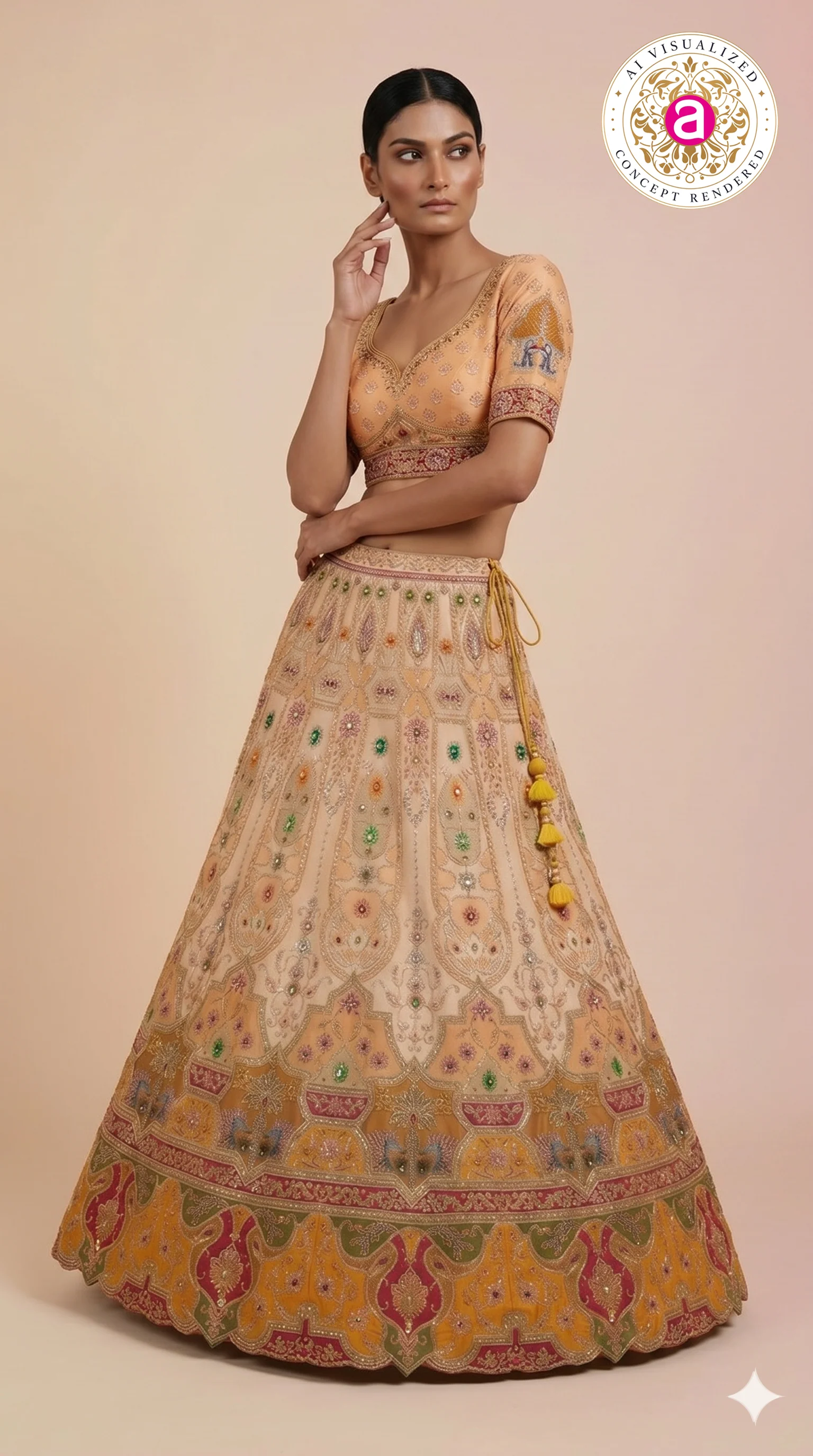 Peach & Mustard Embroidered Bridal Lehenga with Jewel Motifs & Designer Dupatta - Image 6