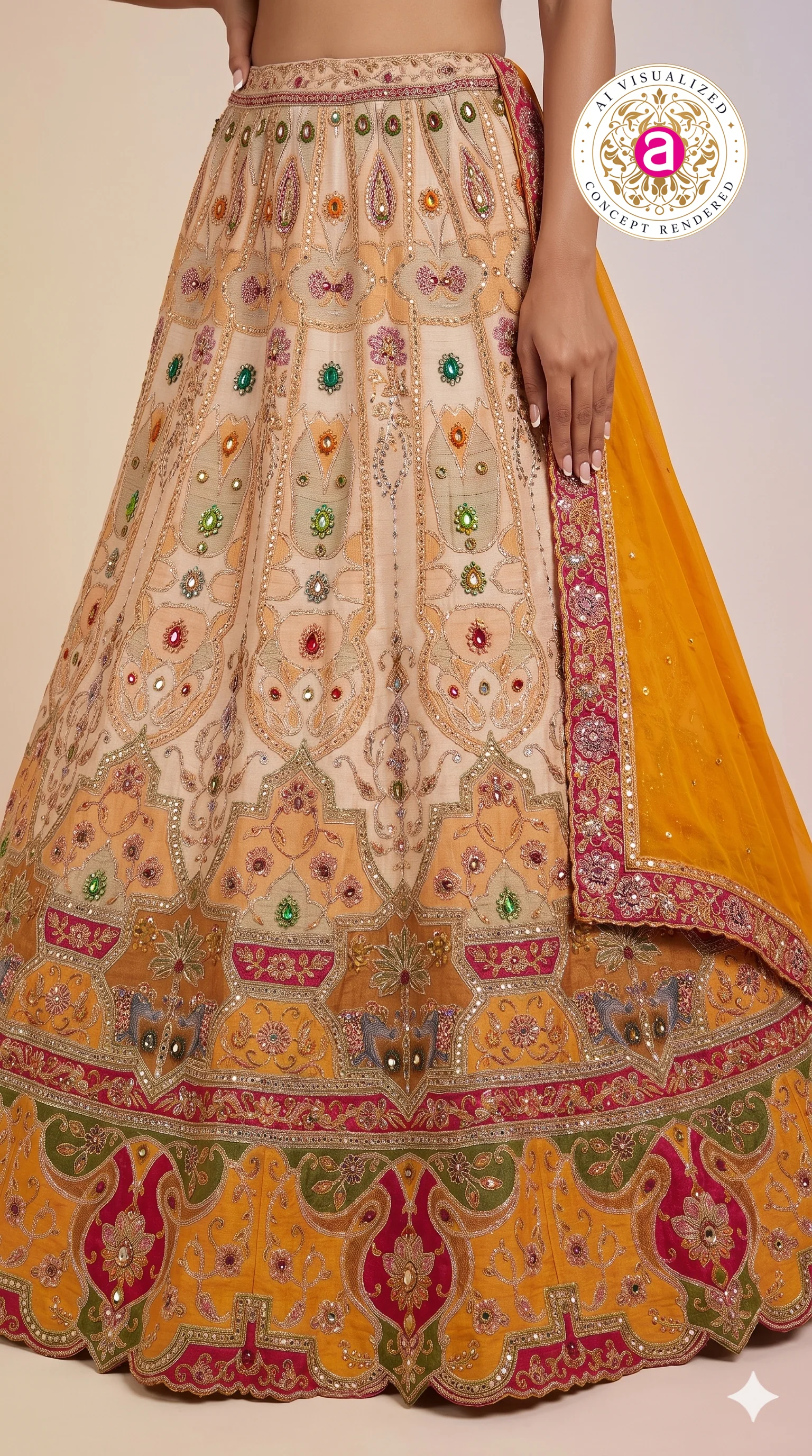 Peach & Mustard Embroidered Bridal Lehenga with Jewel Motifs & Designer Dupatta - Image 7