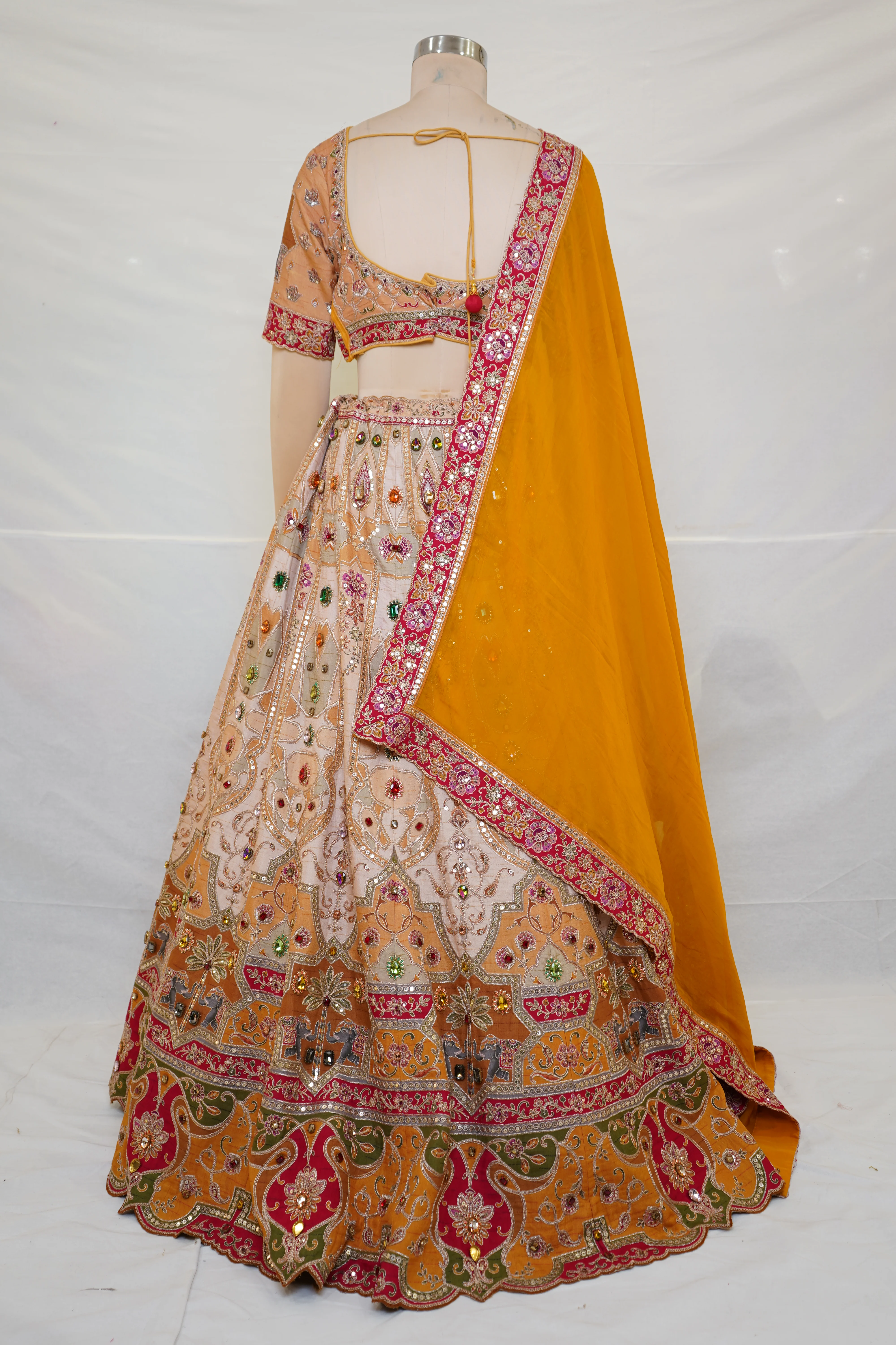 Peach & Mustard Embroidered Bridal Lehenga with Jewel Motifs & Designer Dupatta - Image 8