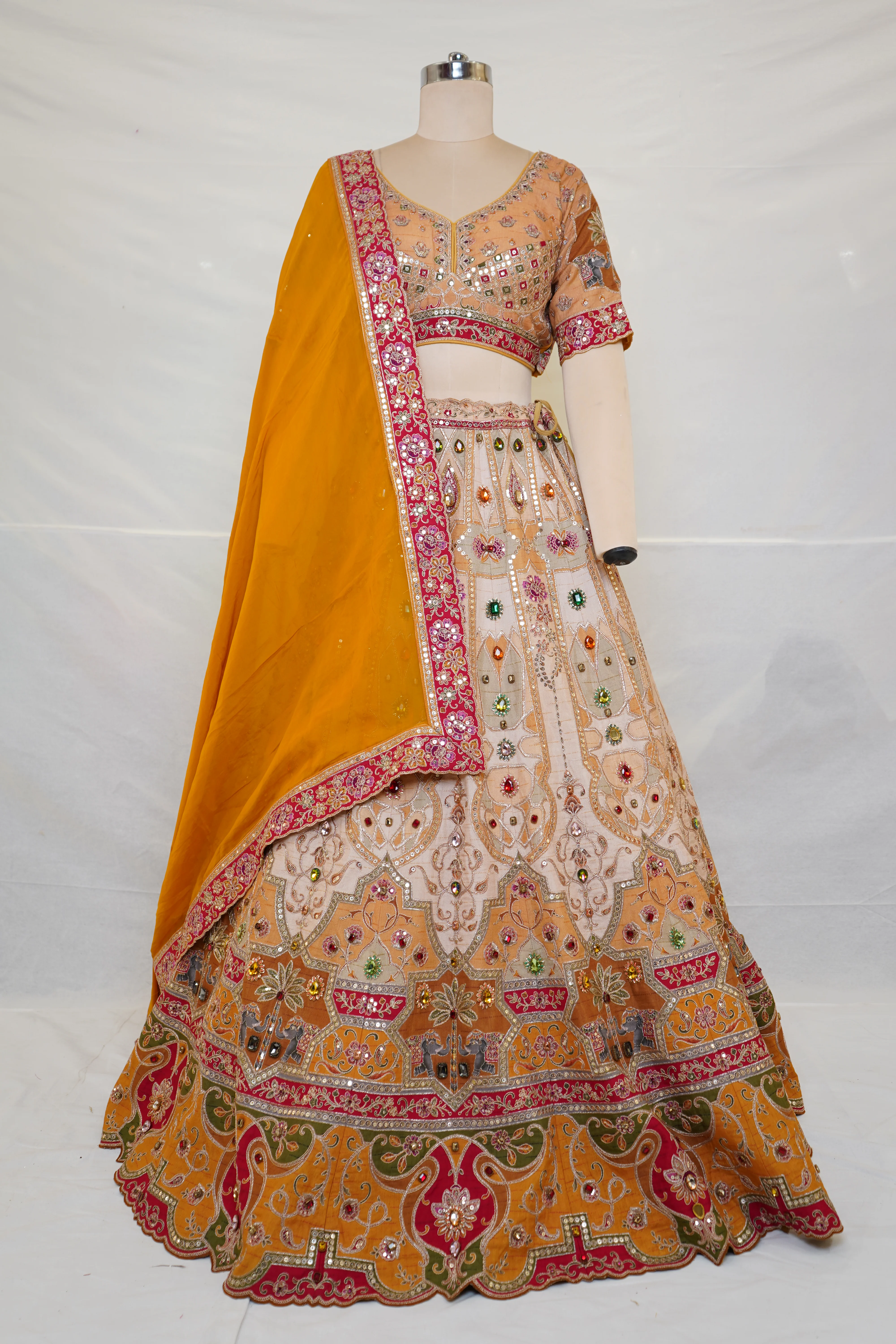 Peach & Mustard Embroidered Bridal Lehenga with Jewel Motifs & Designer Dupatta - Image 9