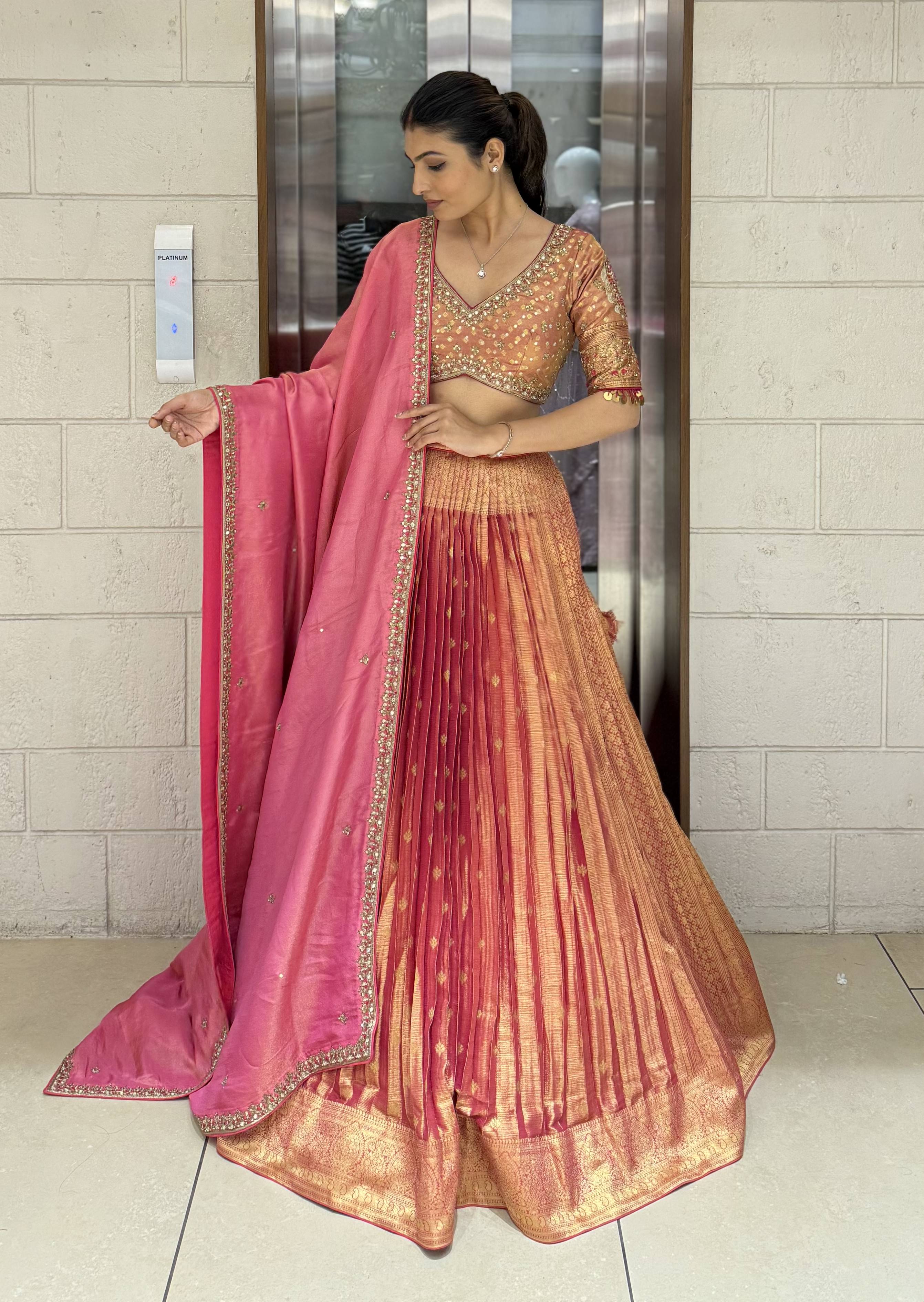 Peach & Pink Ombre Silk Lehenga with Mirror and Zari Embroidery - Image 3