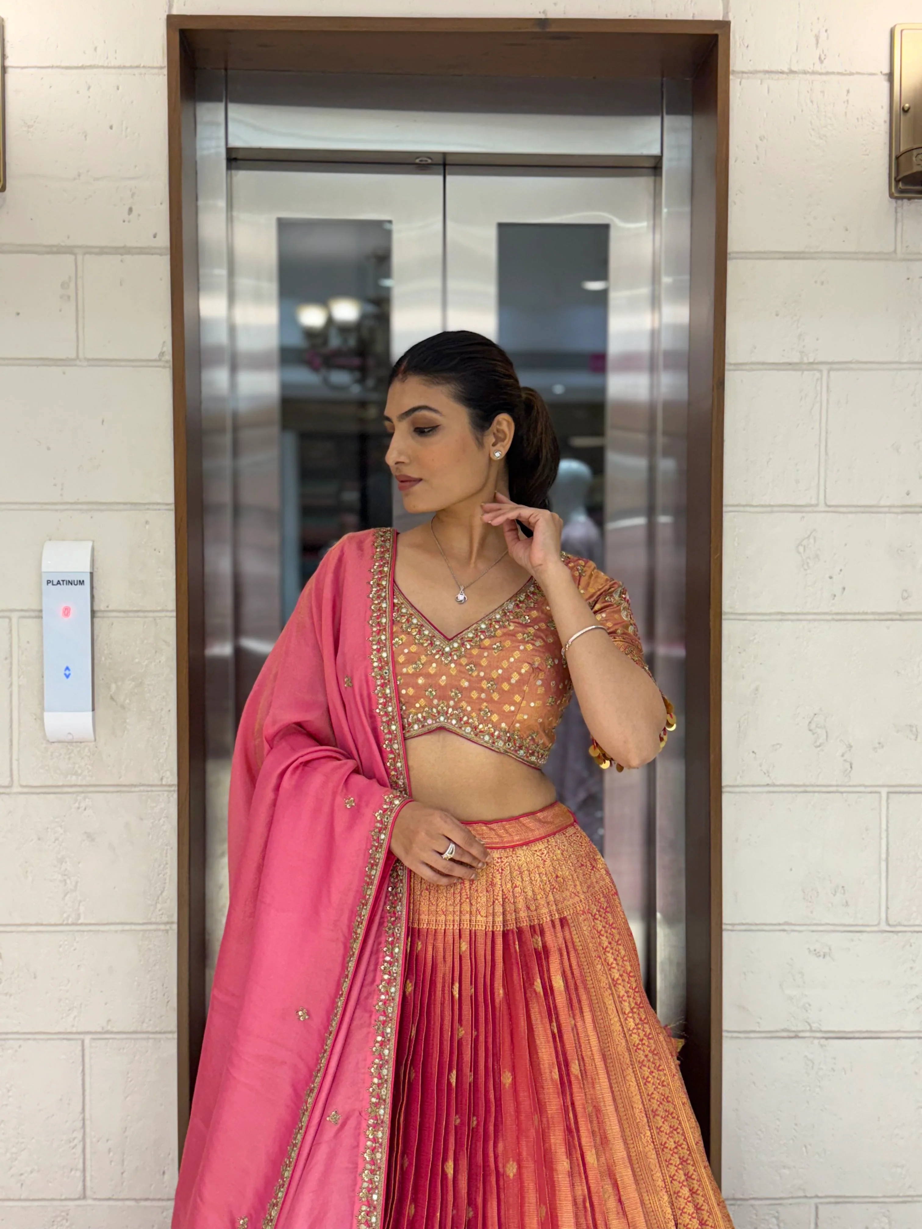Peach & Pink Ombre Silk Lehenga with Mirror and Zari Embroidery - Image 4