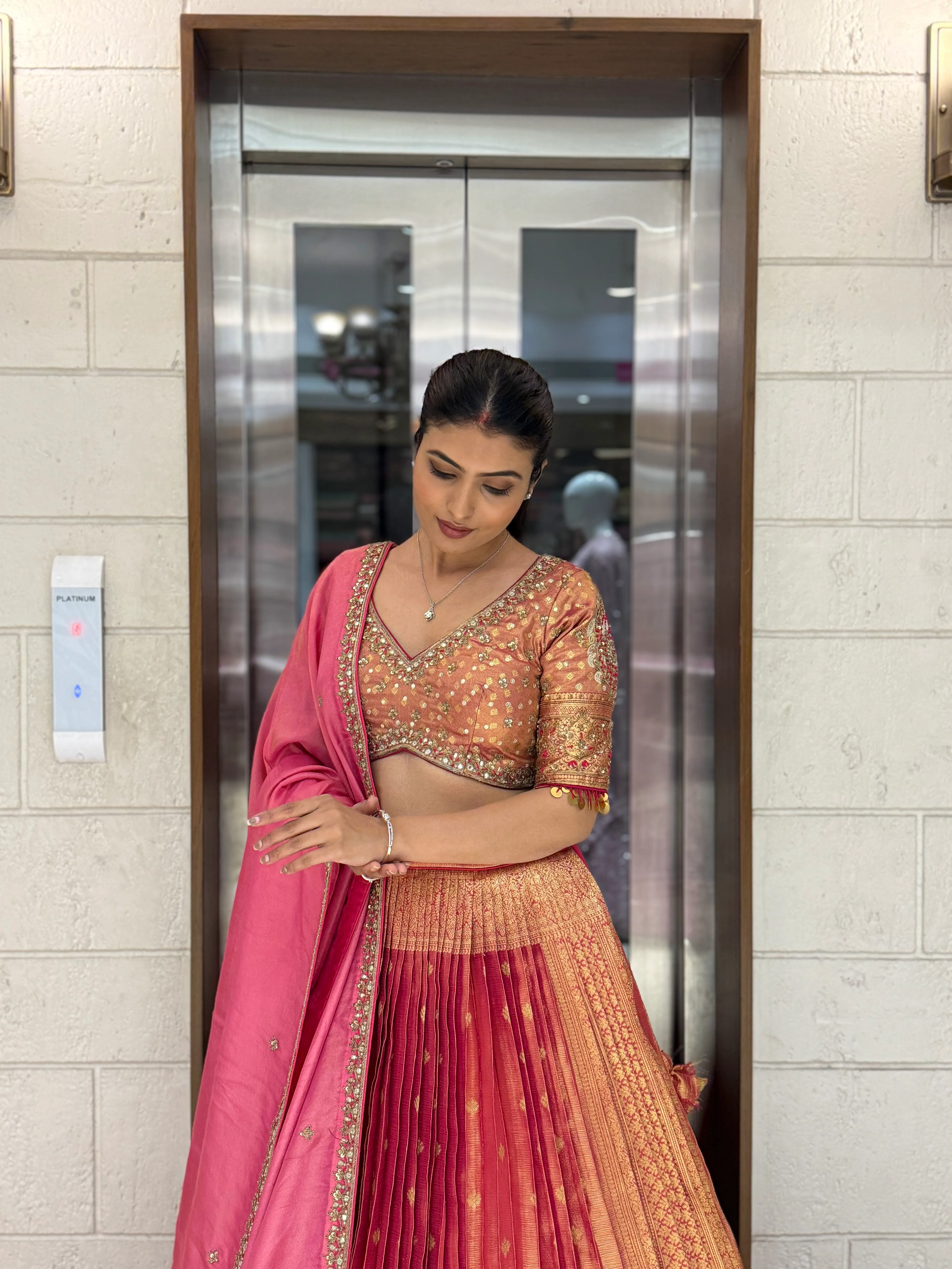Peach & Pink Ombre Silk Lehenga with Mirror and Zari Embroidery - Image 5