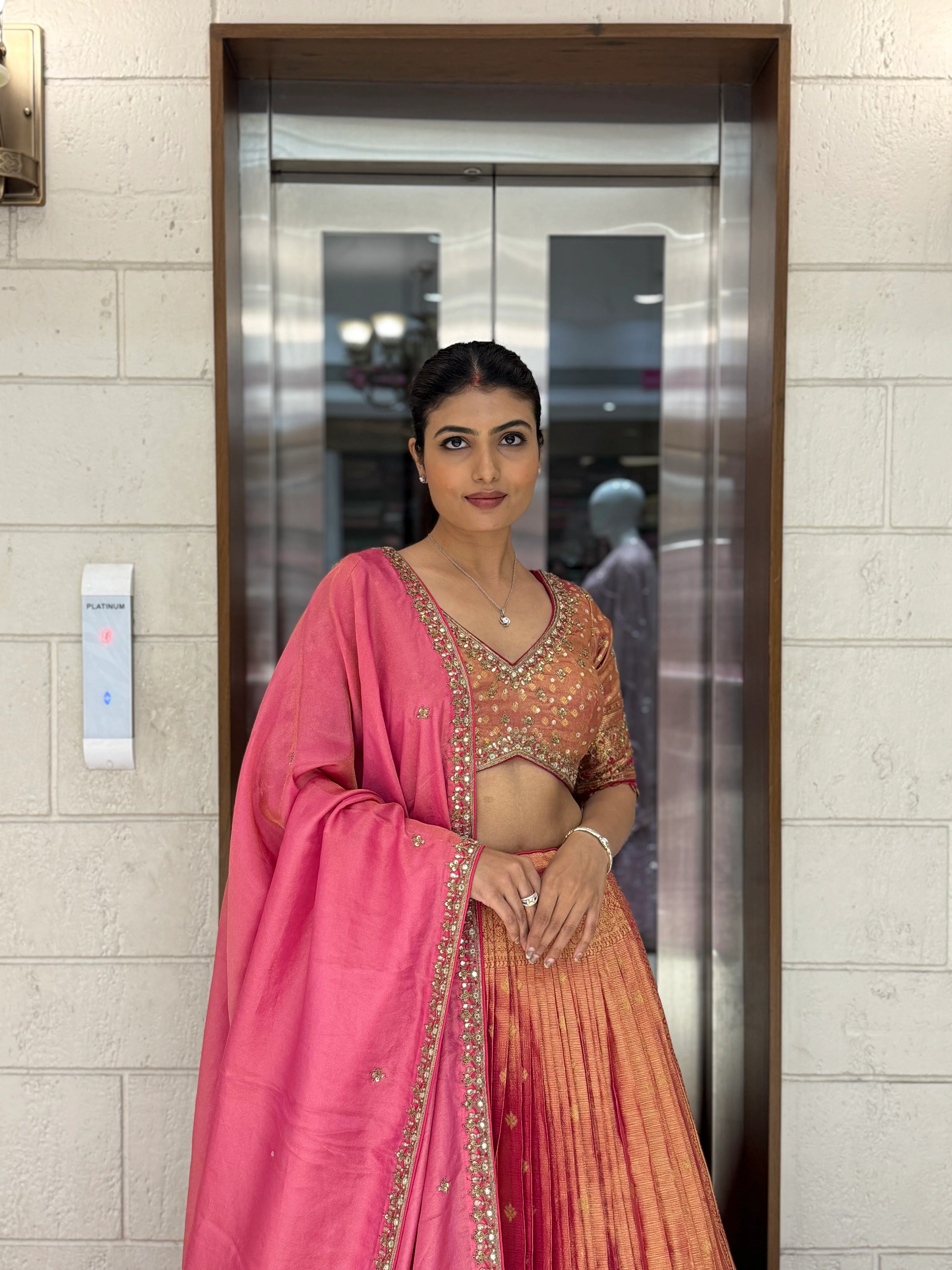 Peach & Pink Ombre Silk Lehenga with Mirror and Zari Embroidery - Image 6