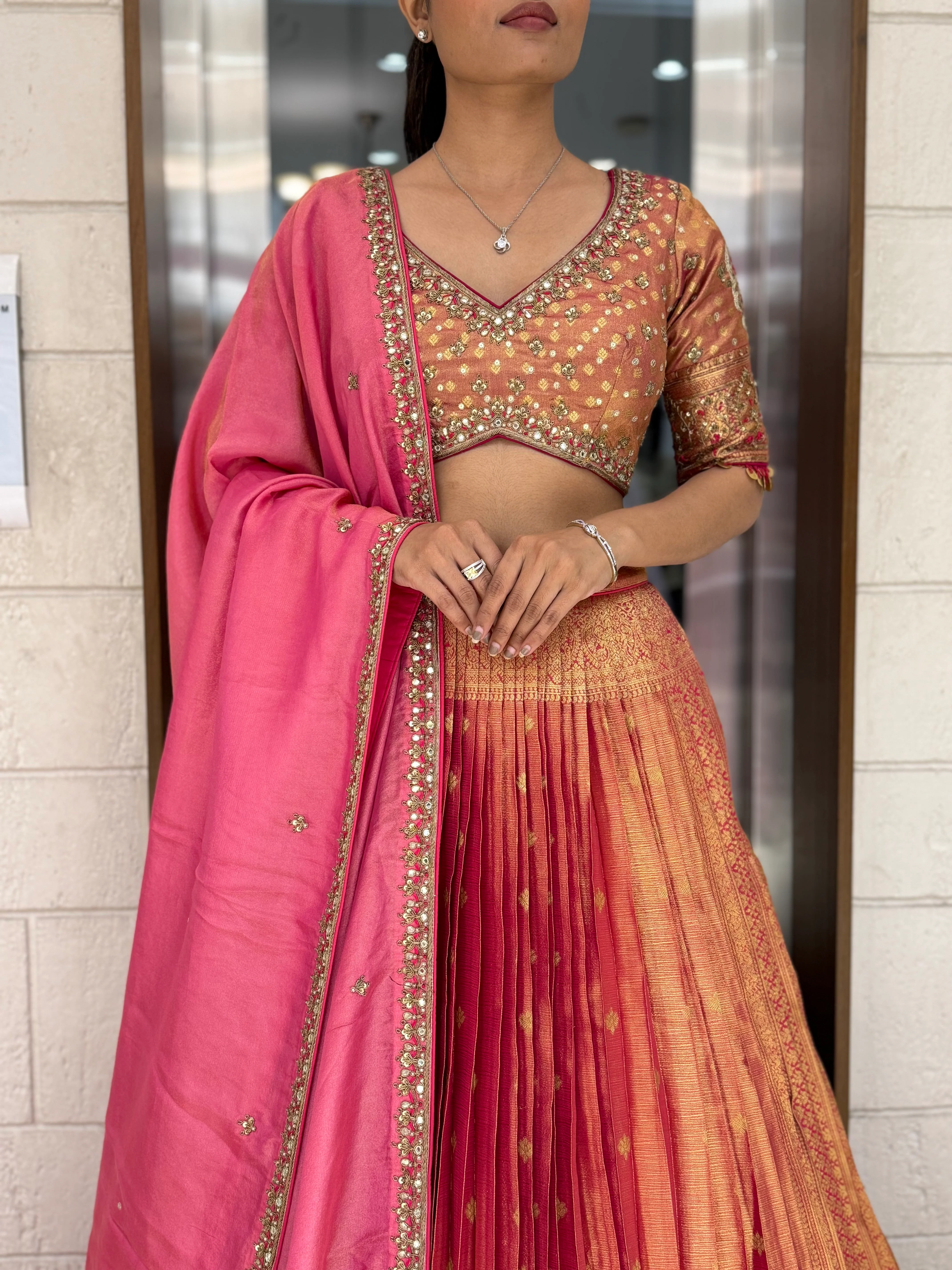 Peach & Pink Ombre Silk Lehenga with Mirror and Zari Embroidery - Image 7