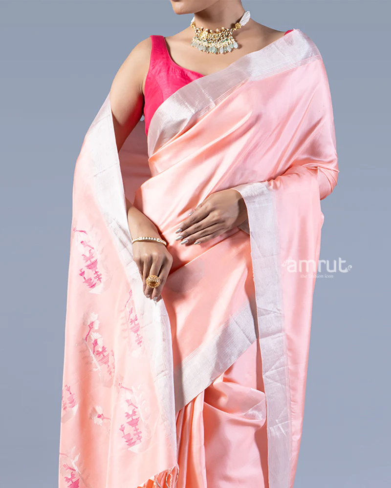 Peach-Pink Silver Woven Border and Floral Embroidery Silk Saree with unstitched blouse - Image 3