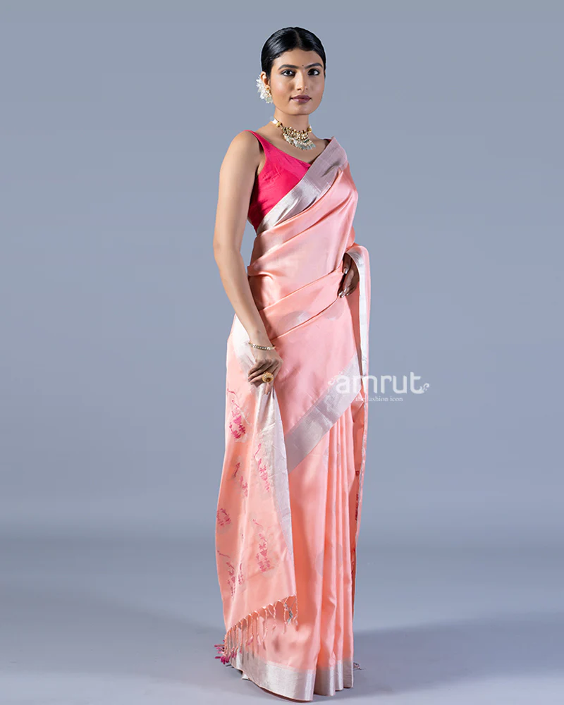 Peach-Pink Silver Woven Border and Floral Embroidery Silk Saree with unstitched blouse - Image 4
