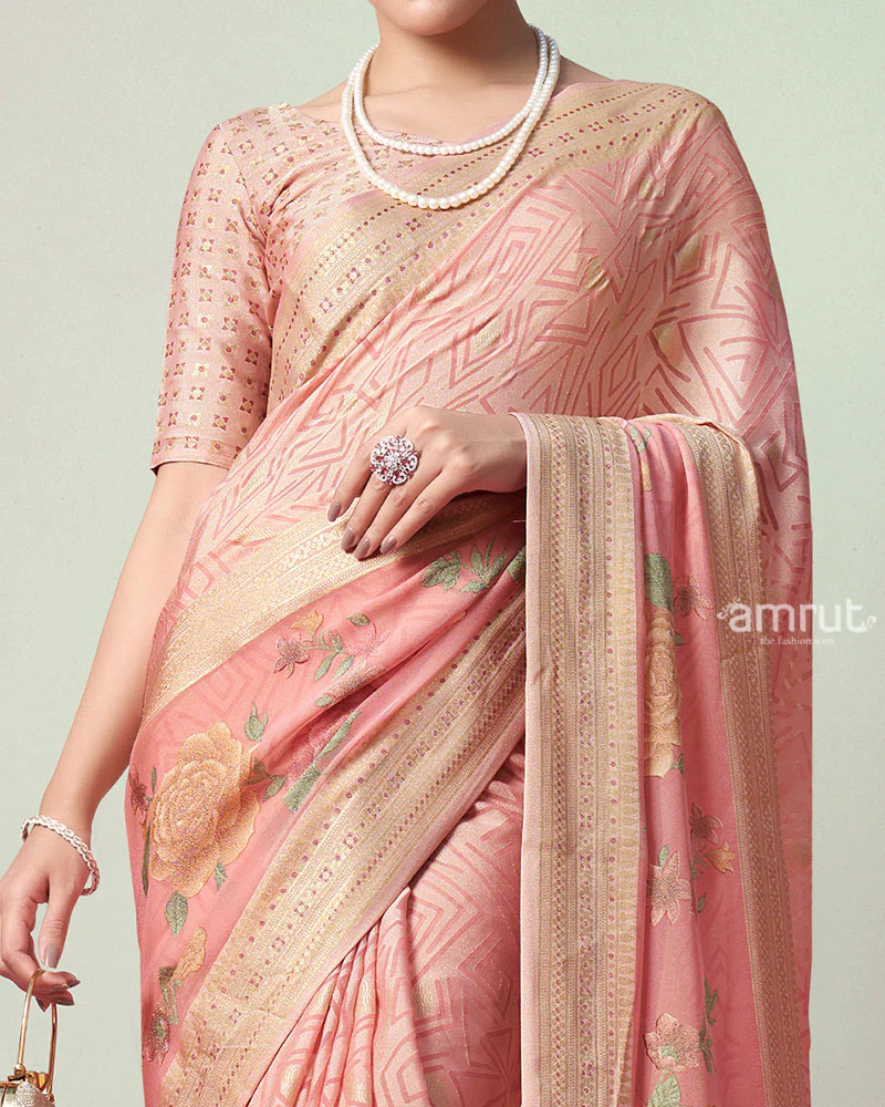 Peach Printed Saree with Unstitched Blouse - Image 3