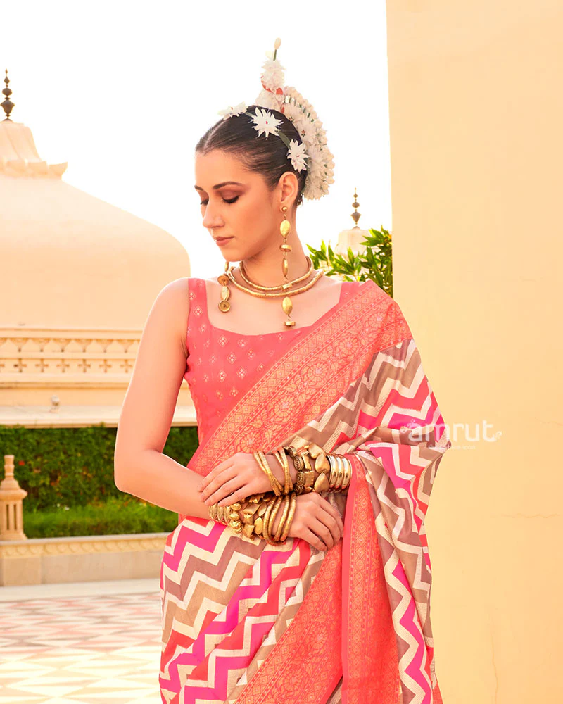 Peach Printed Silk Saree with Unstitched Blouse - Image 2