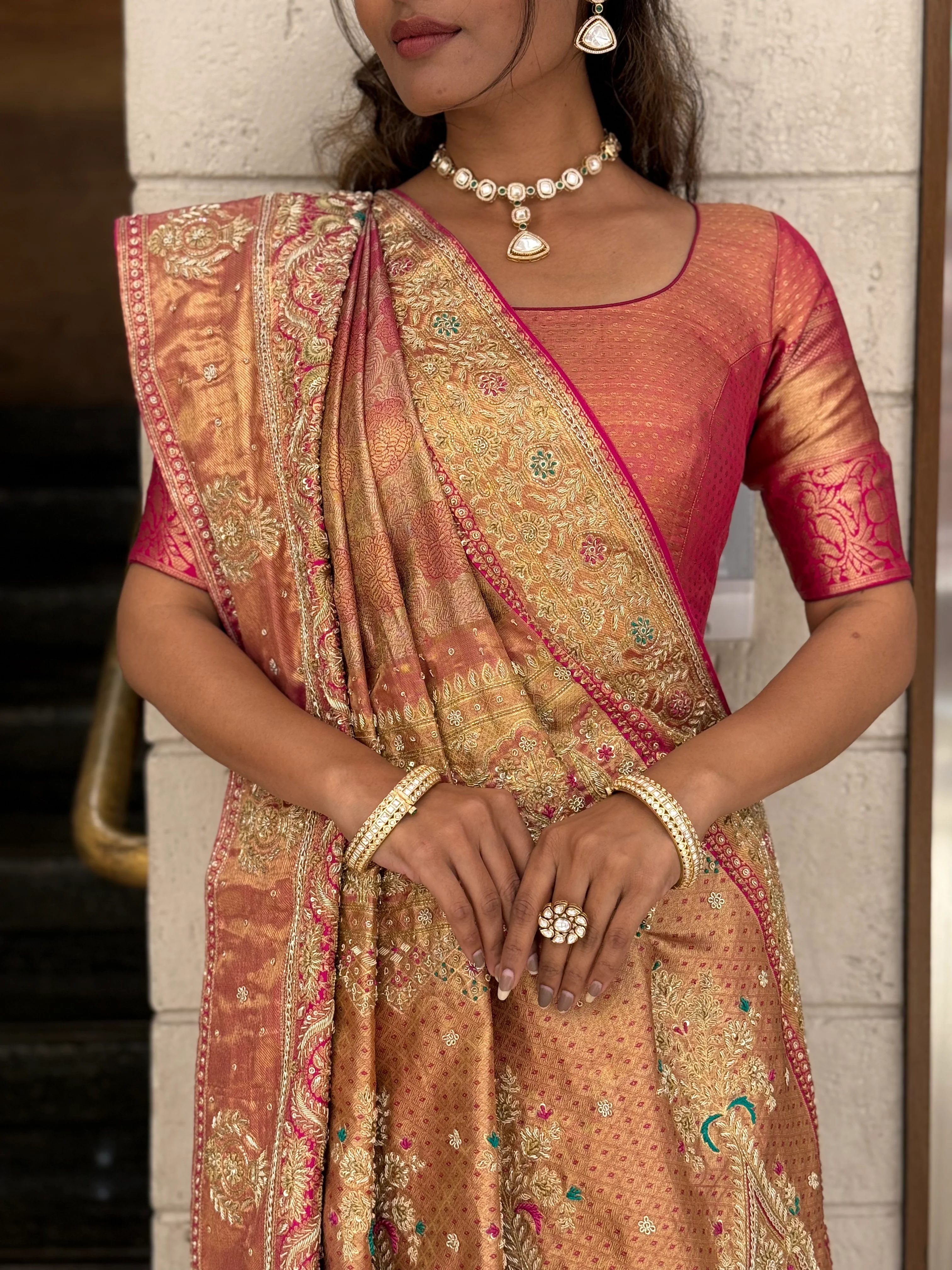 Peach & Rose Gold Embellished Designer Saree with Rich Zari Work - Image 2