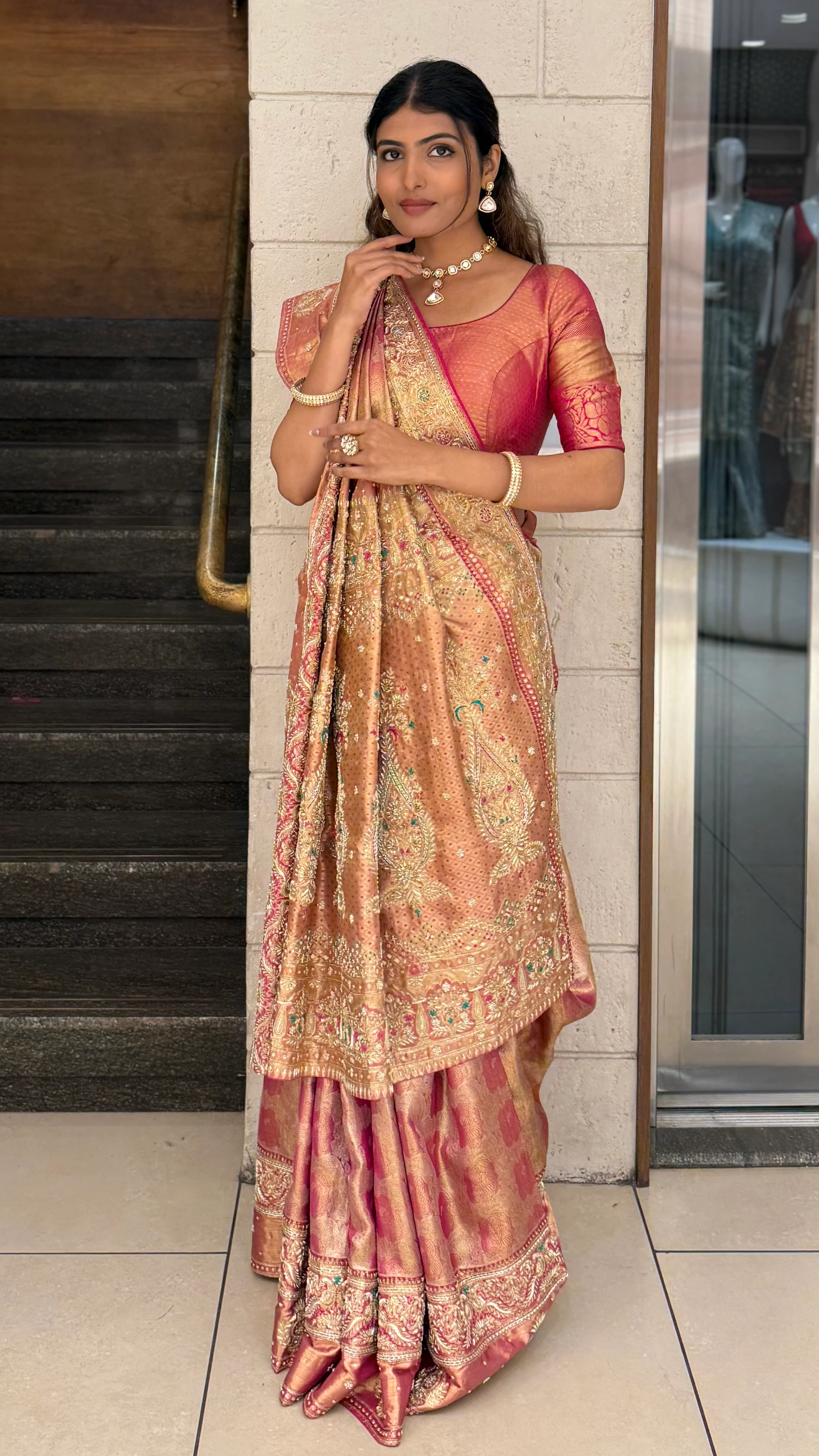 Peach & Rose Gold Embellished Designer Saree with Rich Zari Work - Image 3