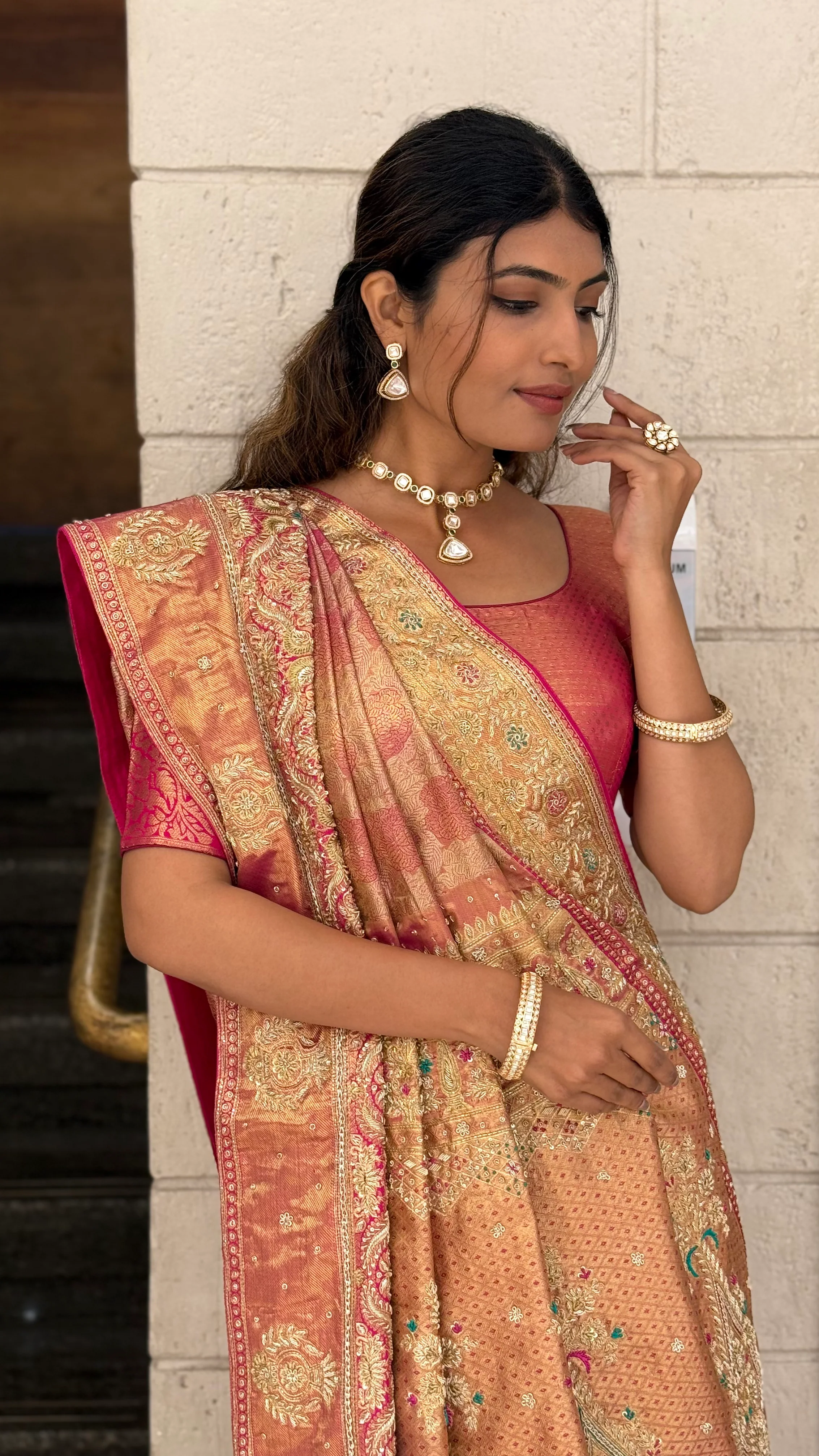 Peach & Rose Gold Embellished Designer Saree with Rich Zari Work - Image 5