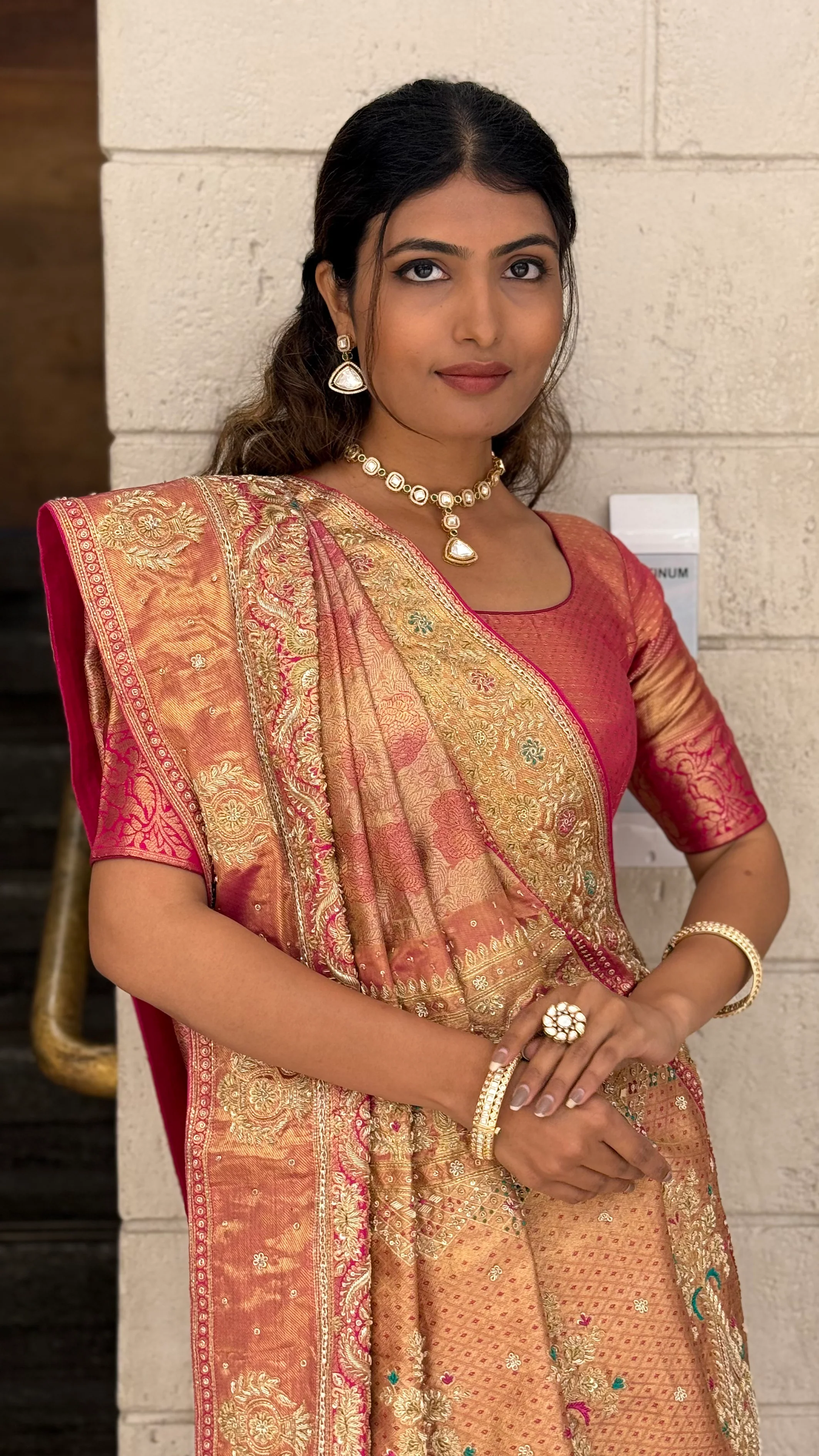 Peach & Rose Gold Embellished Designer Saree with Rich Zari Work - Image 6