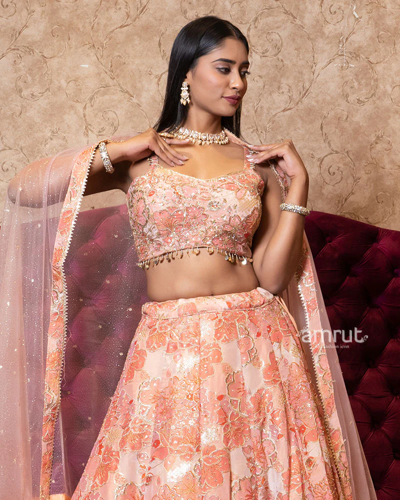 Peach Sequin Detailing Embroidered Net Lehenga - Image 2