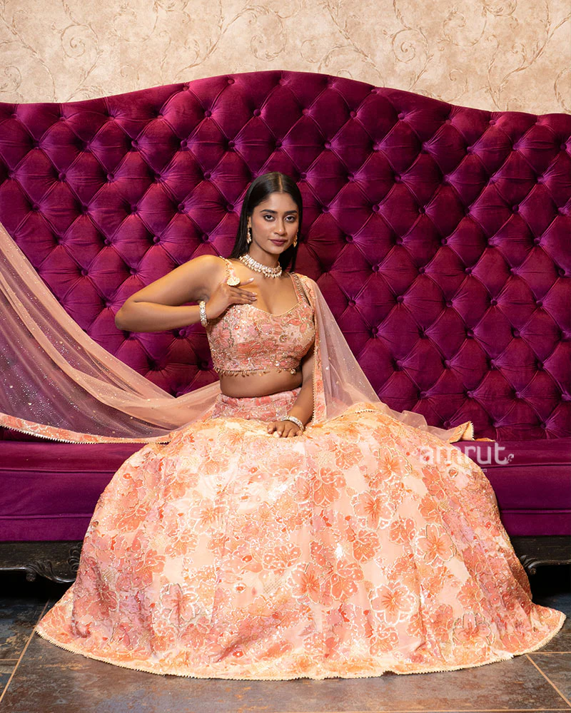 Peach Sequin Detailing Embroidered Net Lehenga - Image 4