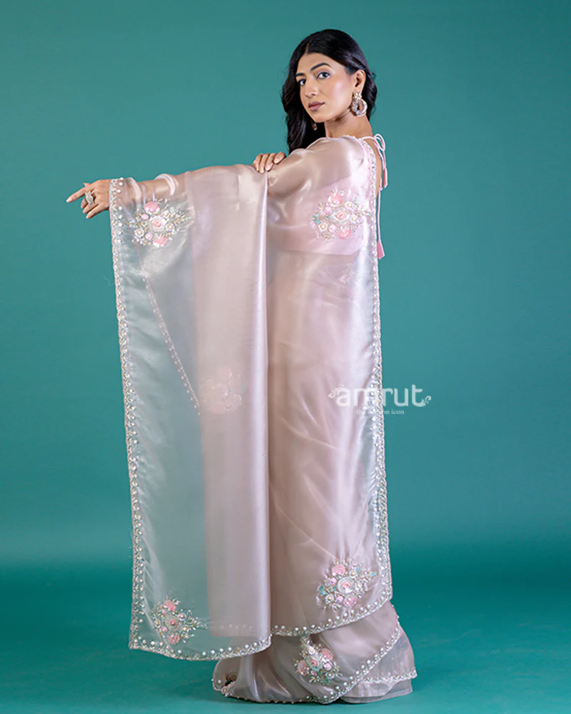 Peach Sequin-Embellished Floral Designer Saree with Unstitched Blouse - Image 6