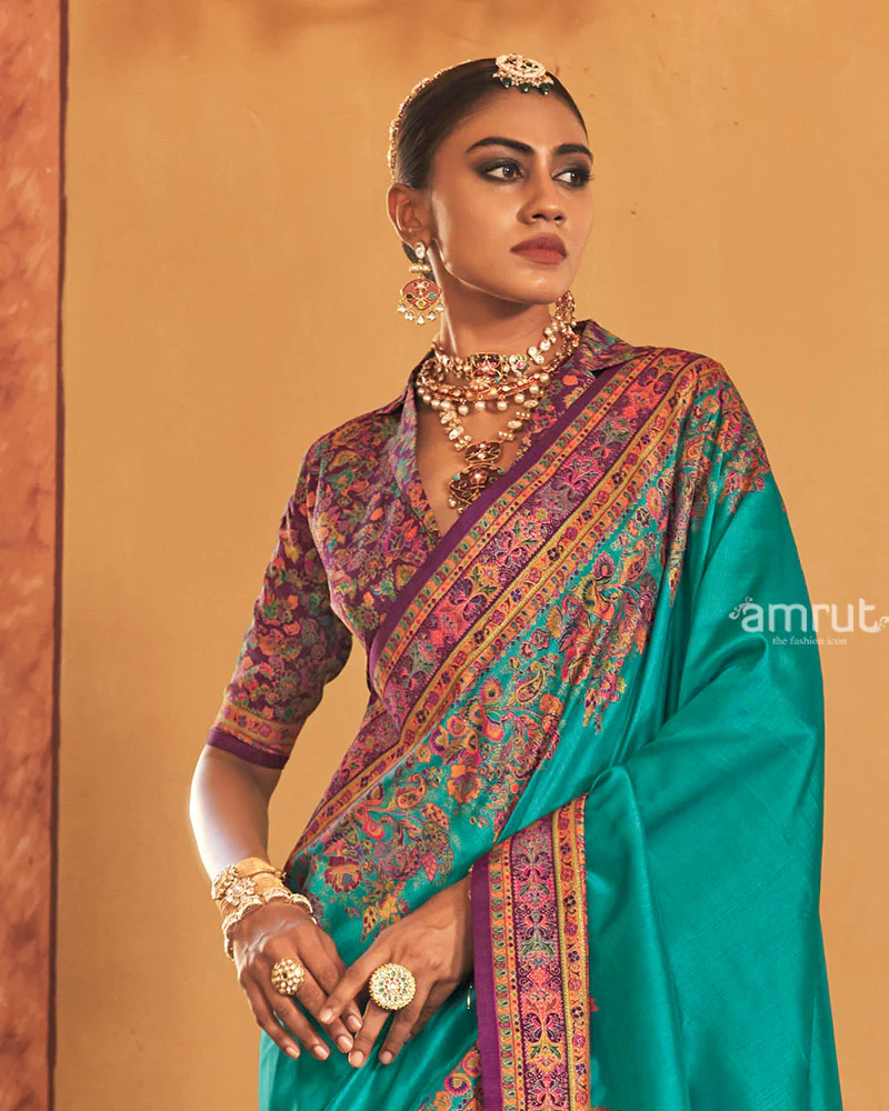 Peacock Green Saree with Multicolored Paisley Print and Unstitched Blouse - Image 2