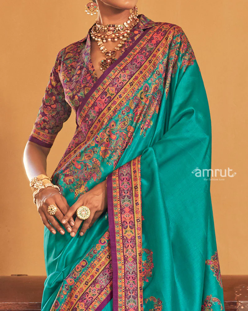 Peacock Green Saree with Multicolored Paisley Print and Unstitched Blouse - Image 3