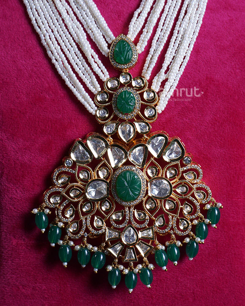 Pearl Embellishments with Green Gems Gold Toned Necklace - Image 2