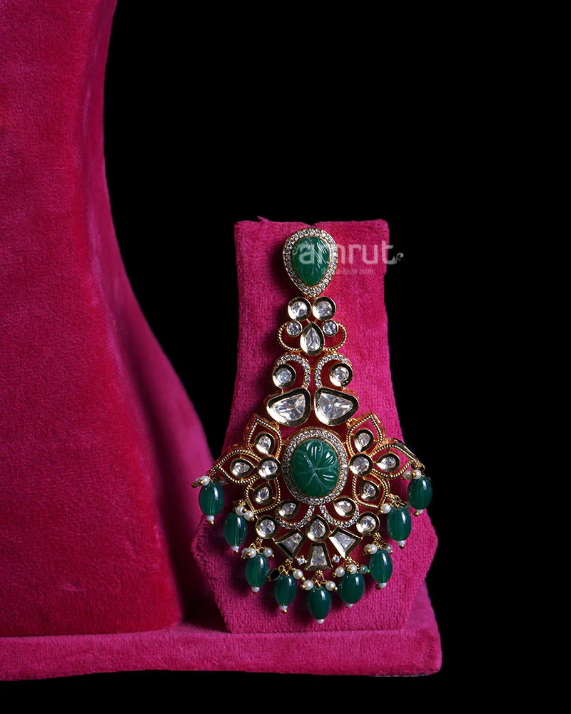 Pearl Embellishments with Green Gems Gold Toned Necklace - Image 3