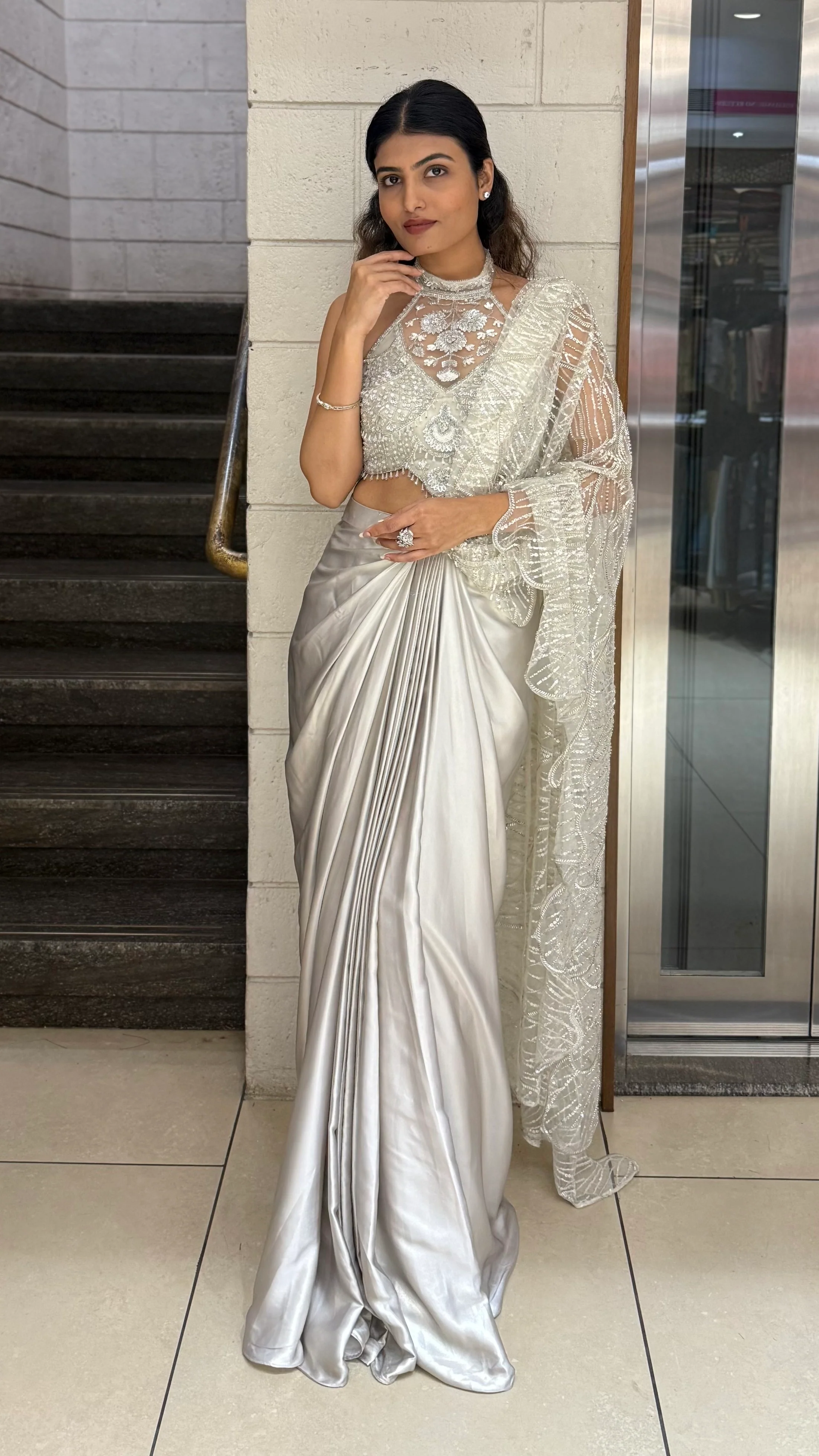 Pearl Silver Designer Ready-to-Wear Saree with Embroidered Halter Blouse - Image 3