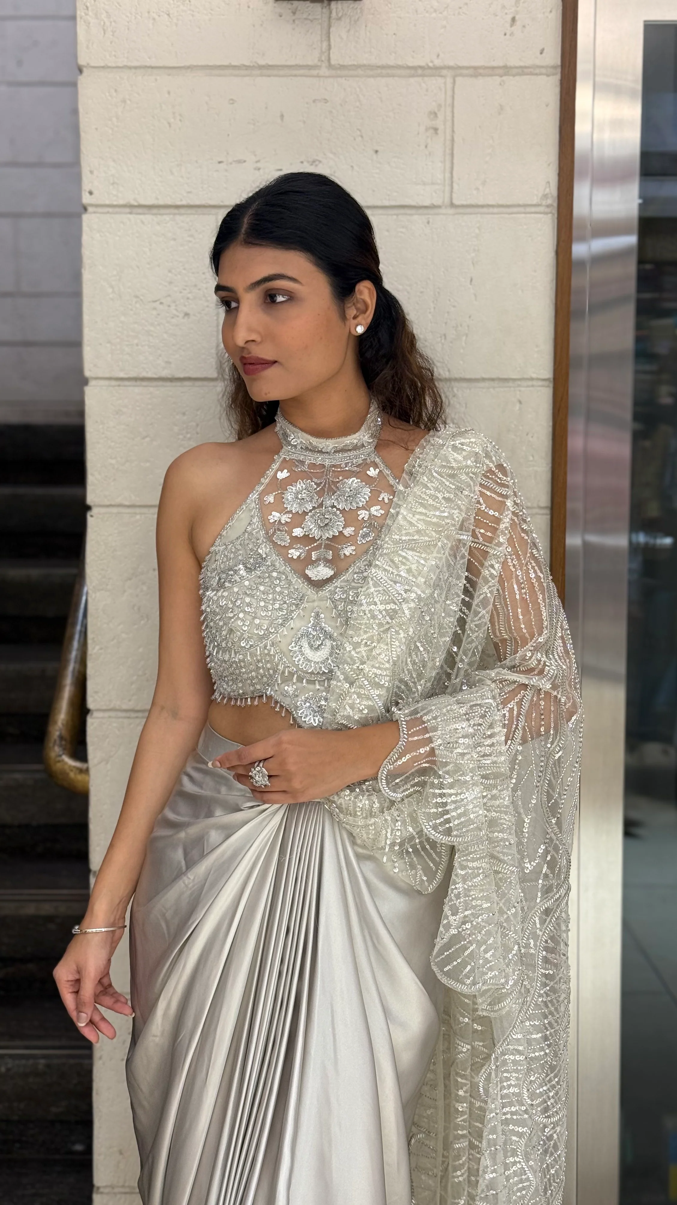 Pearl Silver Designer Ready-to-Wear Saree with Embroidered Halter Blouse - Image 5