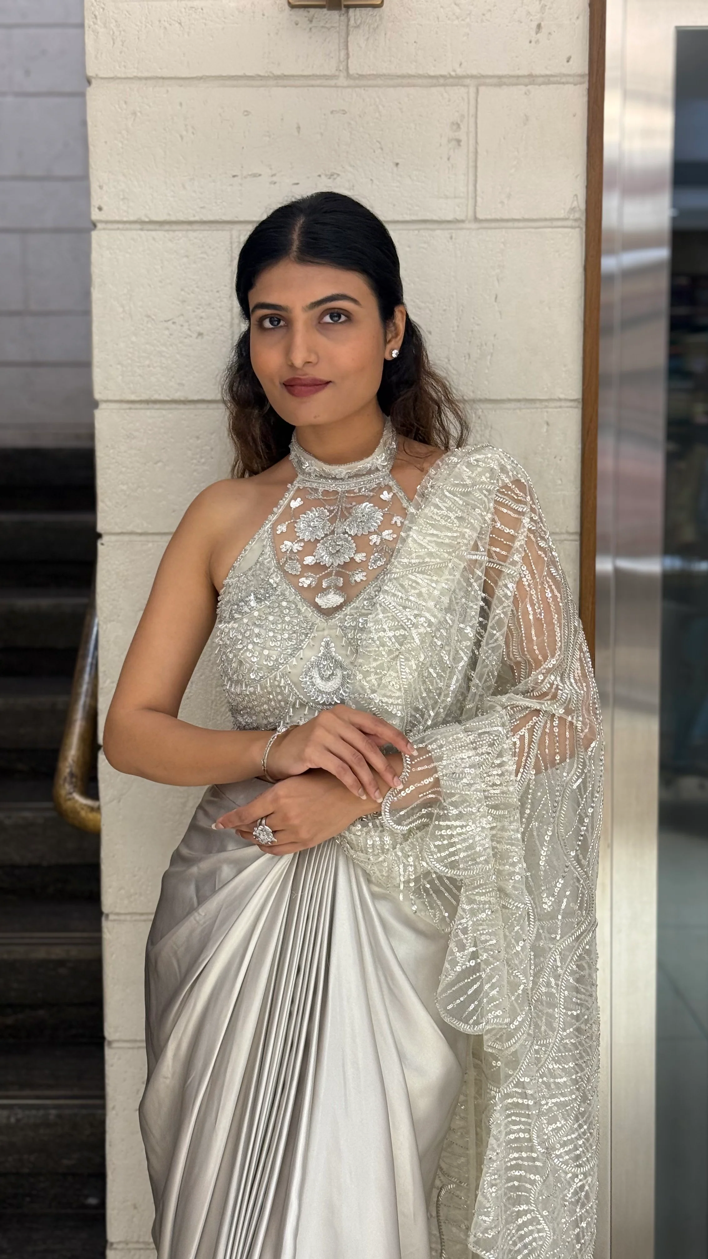 Pearl Silver Designer Ready-to-Wear Saree with Embroidered Halter Blouse - Image 6