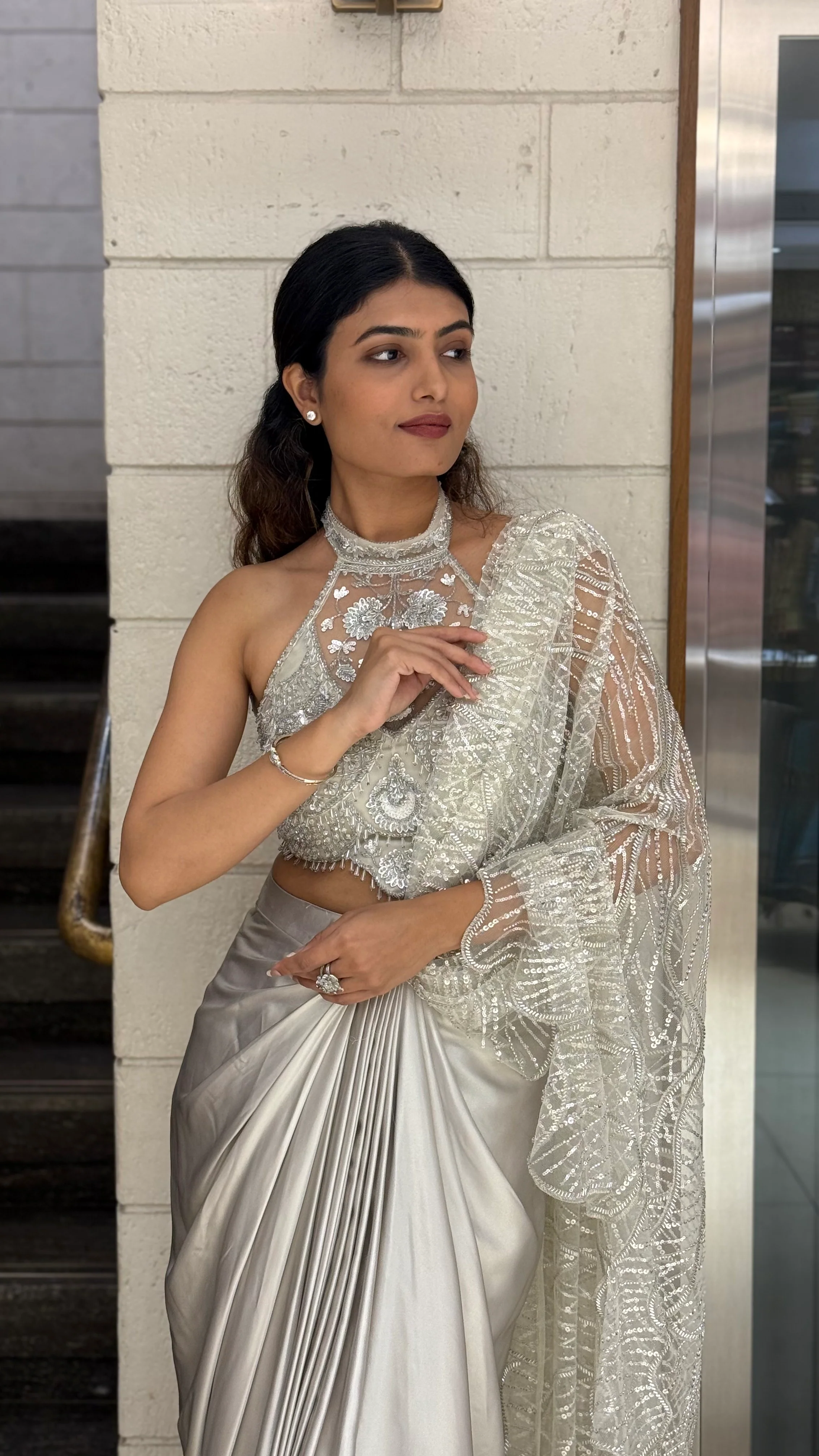 Pearl Silver Designer Ready-to-Wear Saree with Embroidered Halter Blouse - Image 7