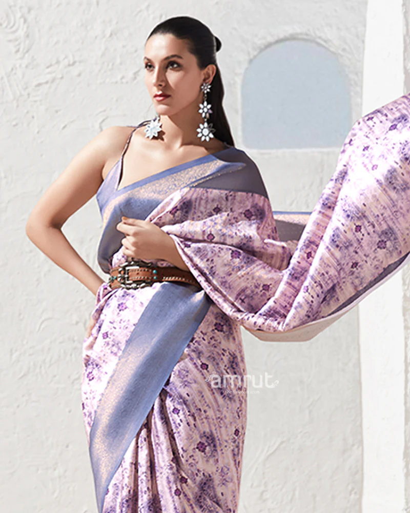 Periwinkle Floral-Print Lavender Silk Saree with Unstitched Blouse - Image 2