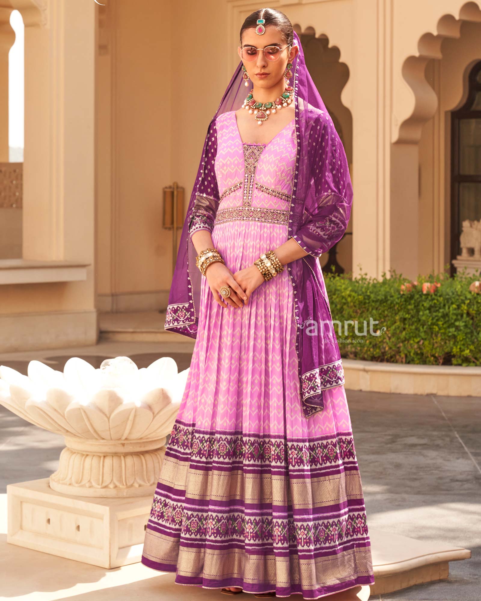 Pink Anarkali Dress and Men Blue Kurta Set - Image 3