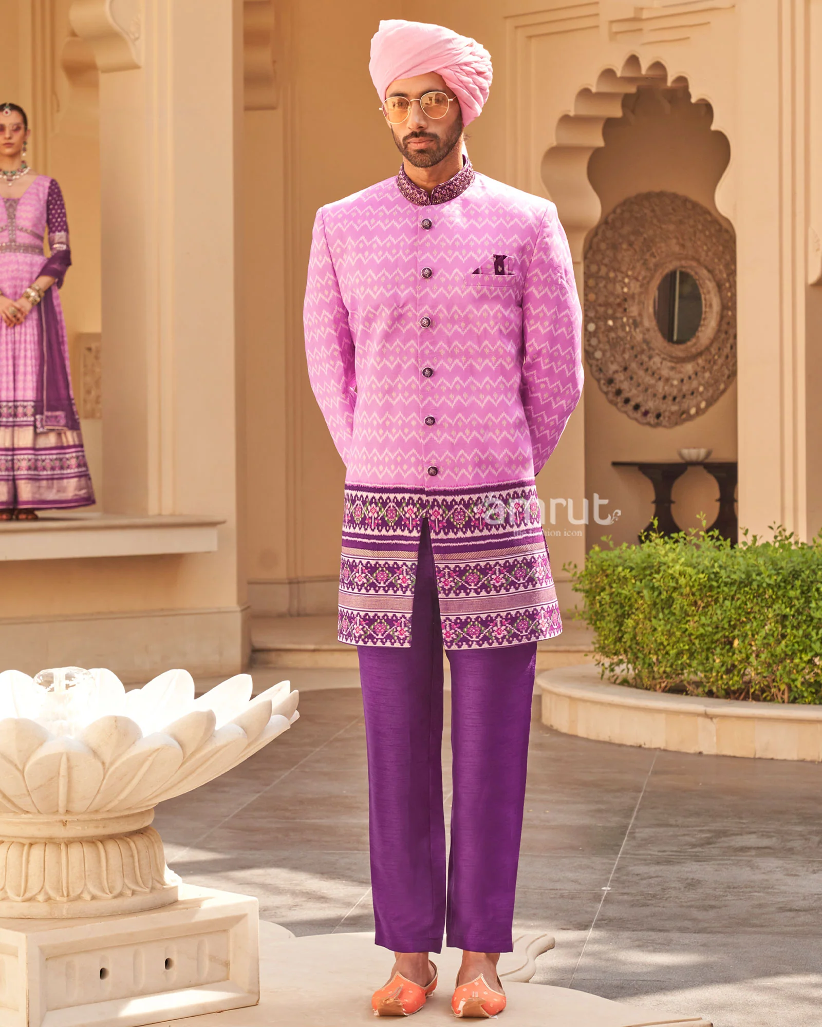 Pink Anarkali Dress and Men Blue Kurta Set - Image 4