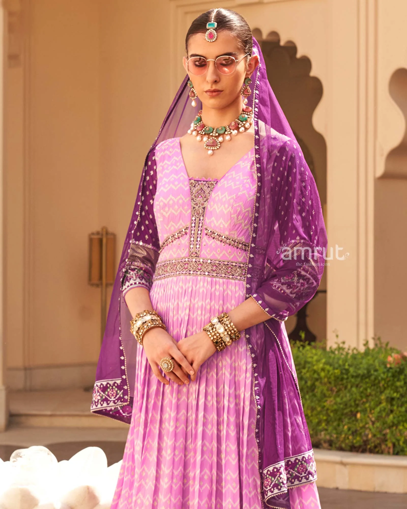 Pink Anarkali Dress and Men Blue Kurta Set - Image 5