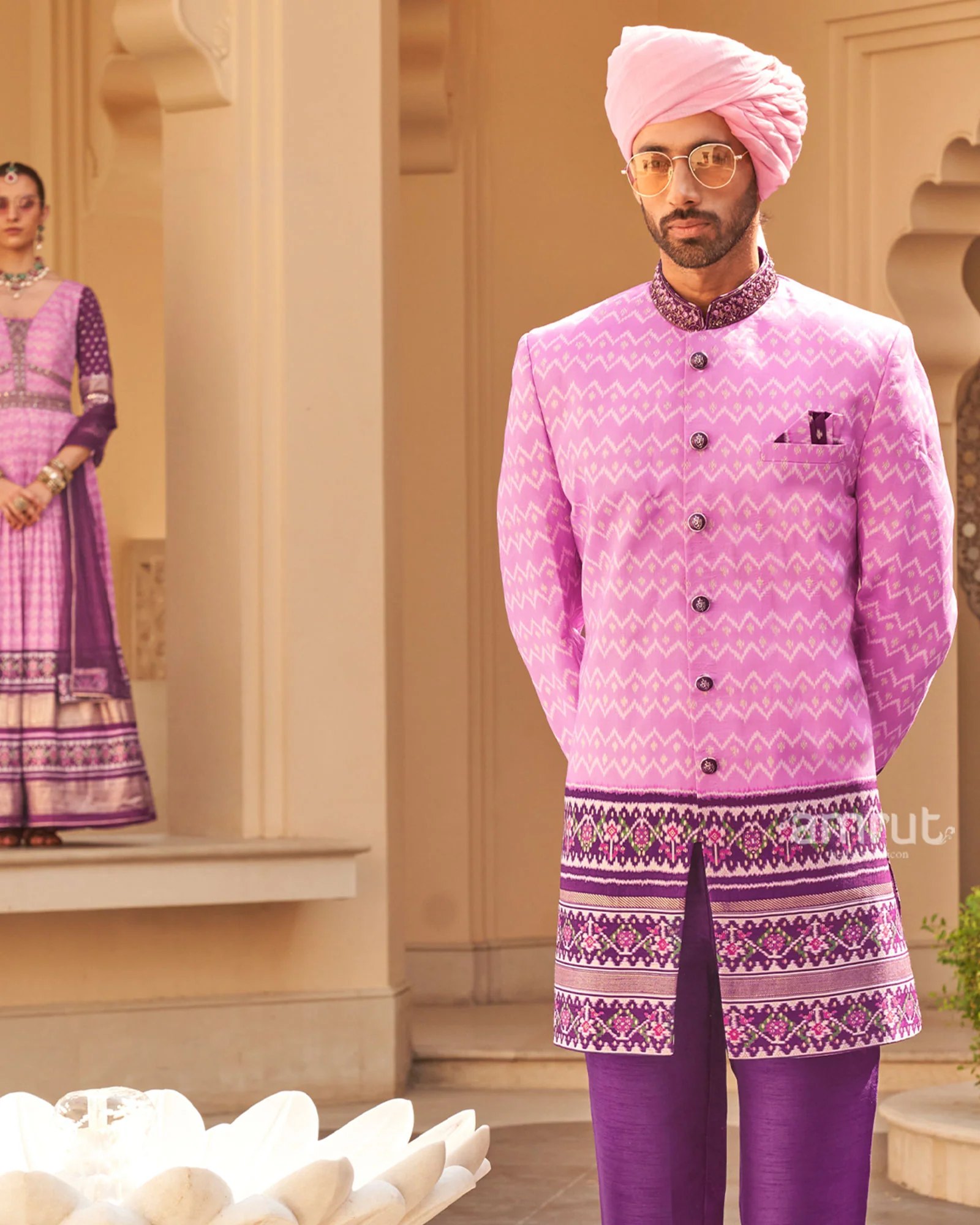 Pink Anarkali Dress and Men Blue Kurta Set - Image 6