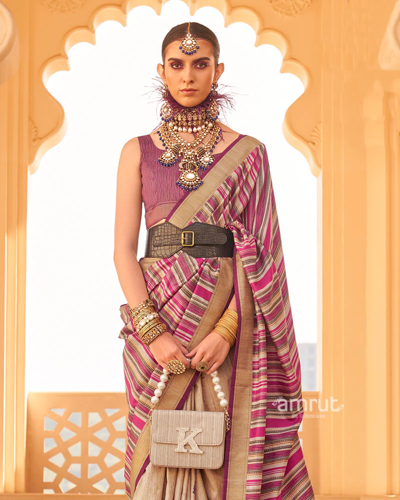 Pink and Beige Printed Silk Saree with Unstitched Blouse - Image 2