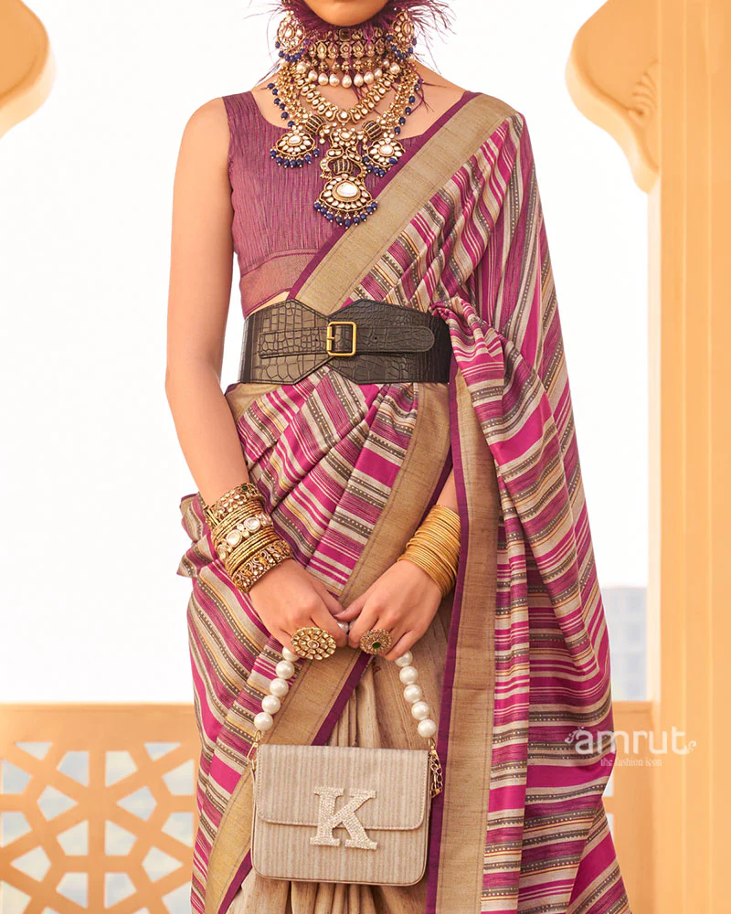 Pink and Beige Printed Silk Saree with Unstitched Blouse - Image 3