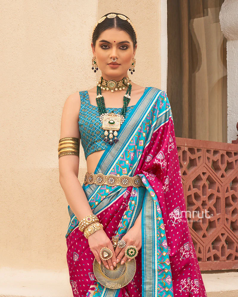 Pink and Blue Ethnic Printed Patola Silk Saree with Unstitched Blouse - Image 2