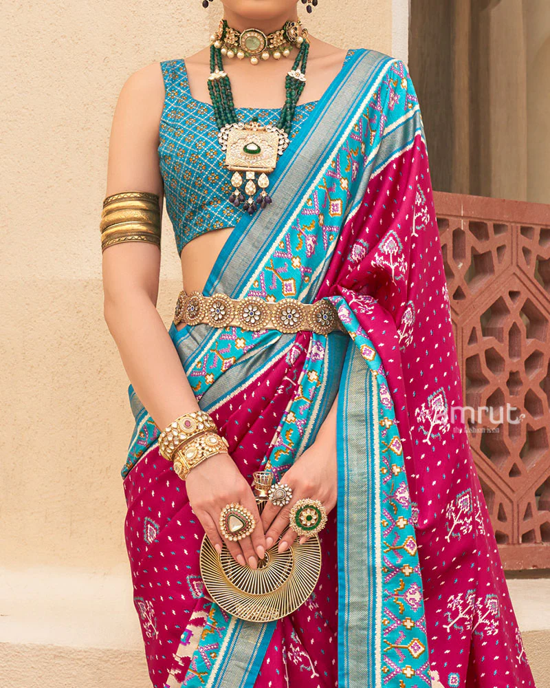 Pink and Blue Ethnic Printed Patola Silk Saree with Unstitched Blouse - Image 3