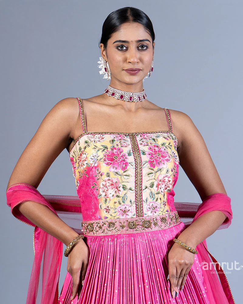 Pink and Cream Floral Printed Gown with Sheer Dupatta - Image 2