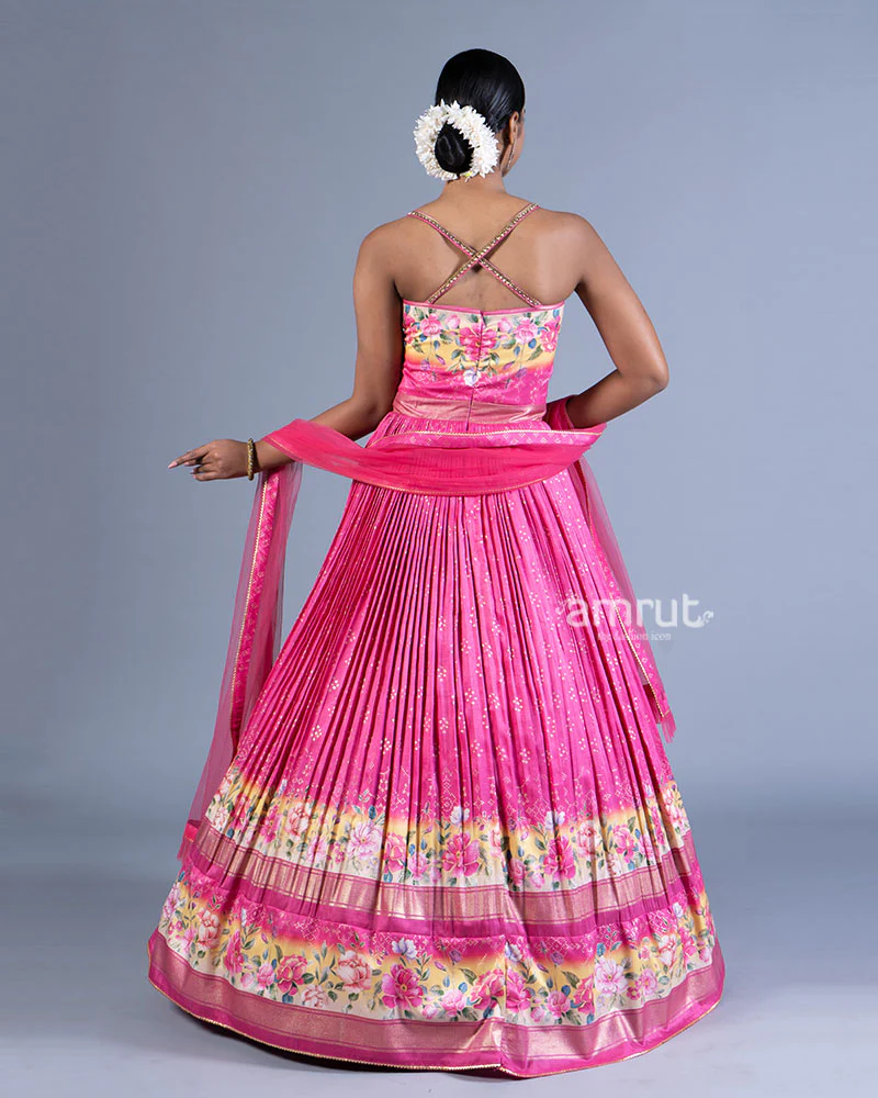 Pink and Cream Floral Printed Gown with Sheer Dupatta - Image 3