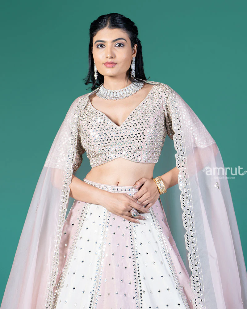 Pink and Cream Mirror Embellished Lehenga Choli with Dupatta - Image 2