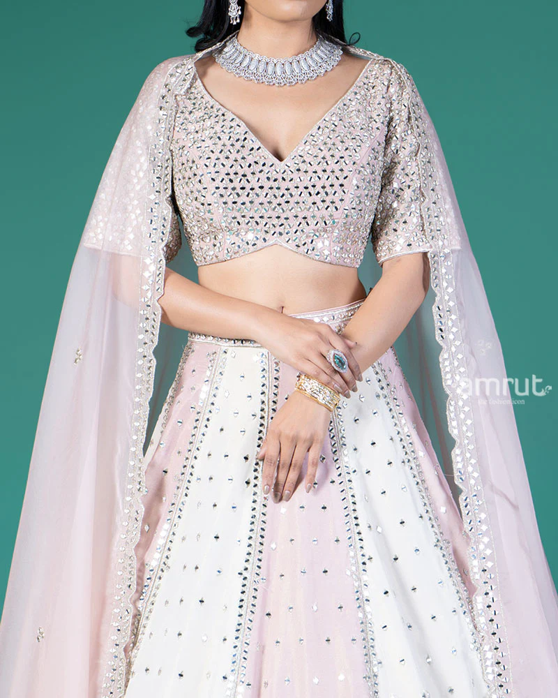 Pink and Cream Mirror Embellished Lehenga Choli with Dupatta - Image 3